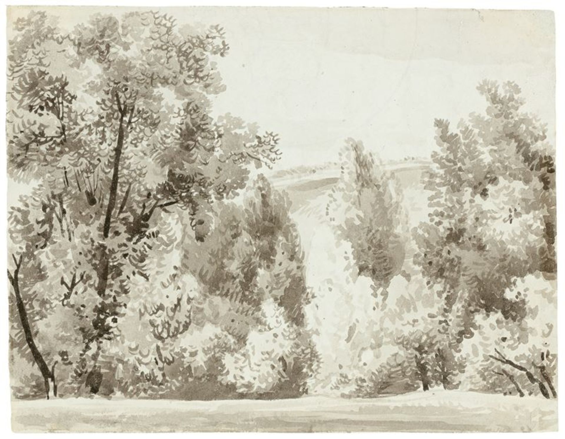Franz Kobell (Mannheim 1749 – 1822 München)Bäume am Wiesenrand. Pinsel in Grau und Schwarz auf
