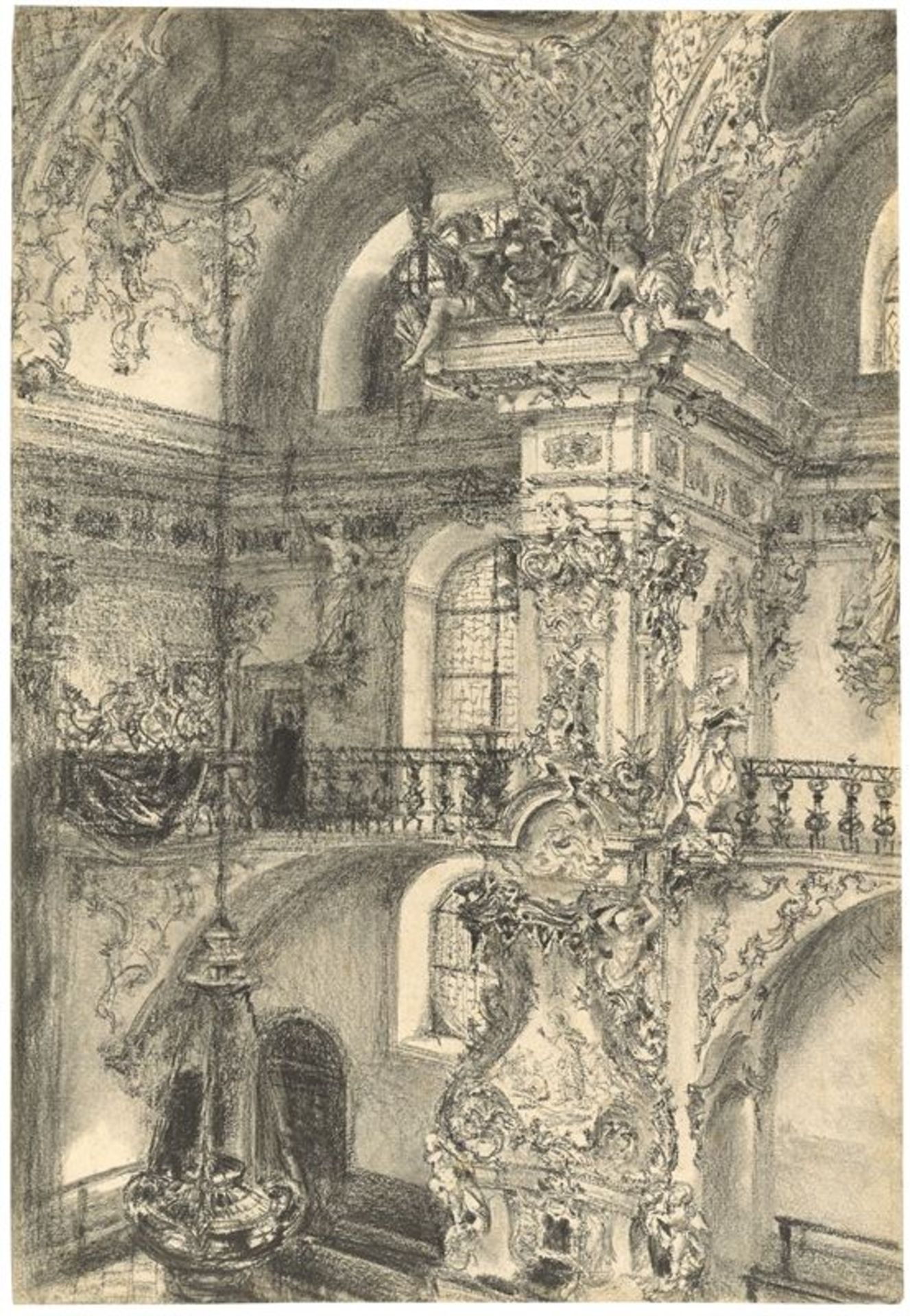 Adolph Menzel (Breslau 1815 – 1905 Berlin)Inneres der Stiftskirche zu Einsiedeln. 1881Bleistift,
