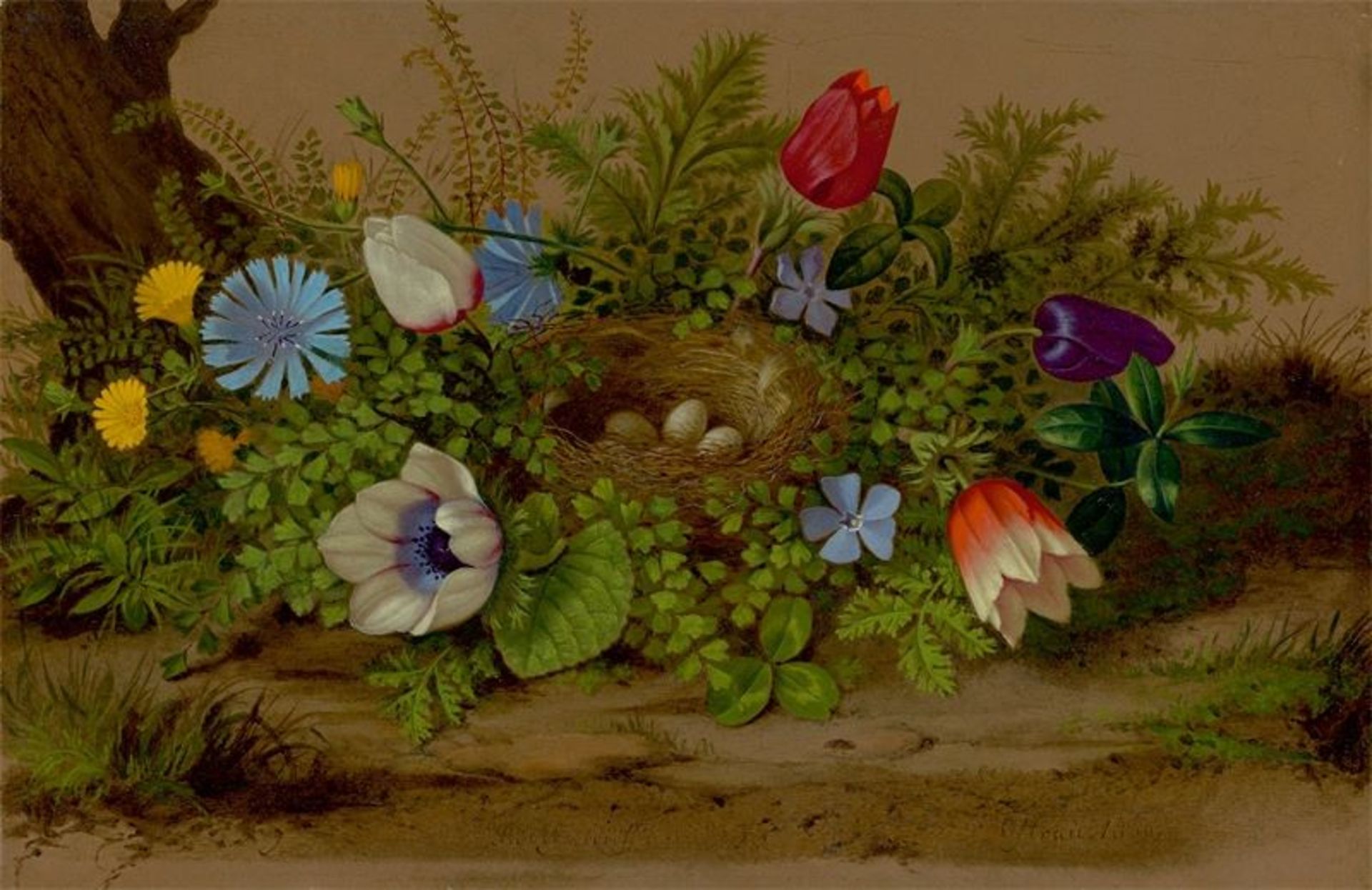 Adolf Senff (Halle a.d. Saale 1785 – 1863 Ostrau)Blumengerahmtes Nest mit Eiern. 1860Öl auf Pappe.