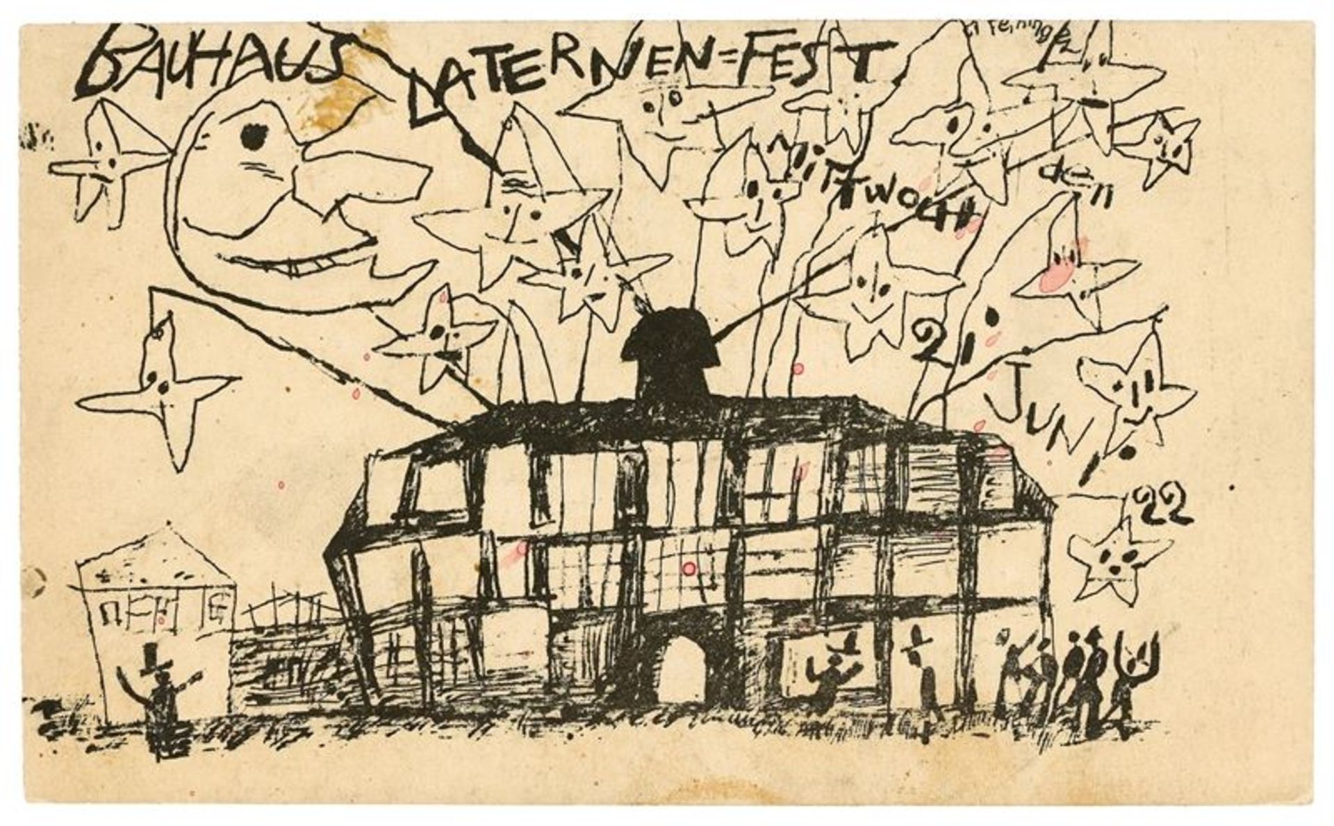 Lyonel Feininger (1871 – New York – 1956)„Bauhaus Laternen-Fest Weimar Mittwoch den 21 Juni 22“.