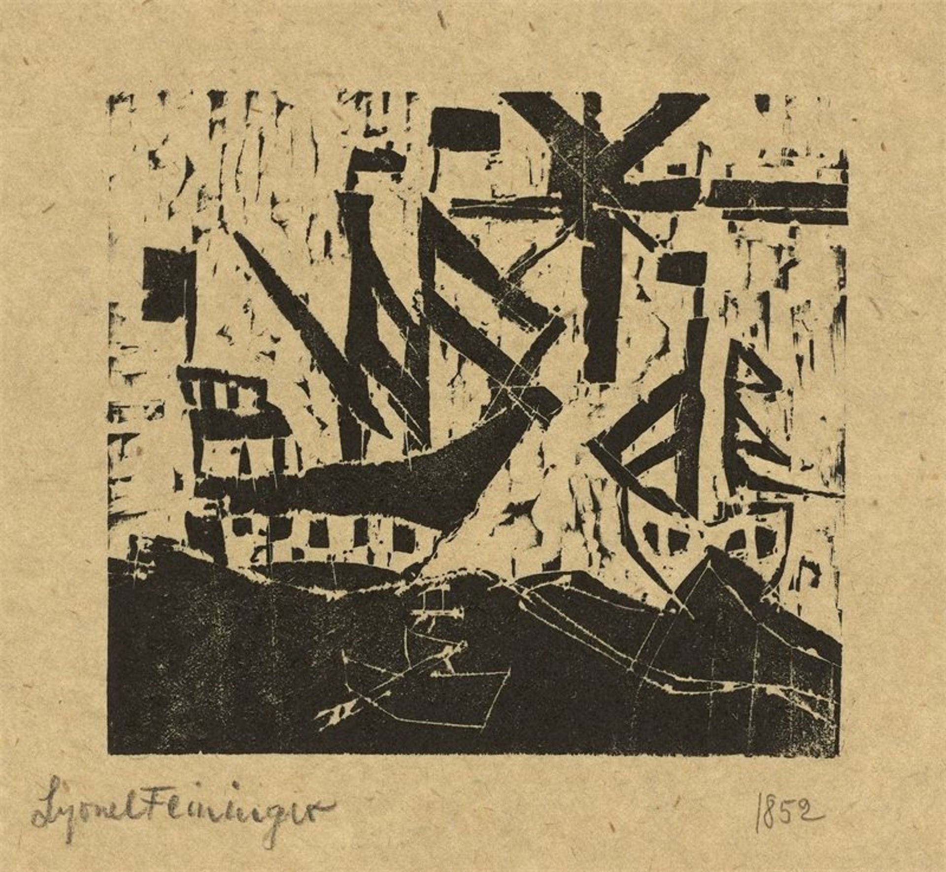 Lyonel Feininger (1871 – New York – 1956)„Schiffe und Sonne, 1“. 1918Holzschnitt auf graubraunem