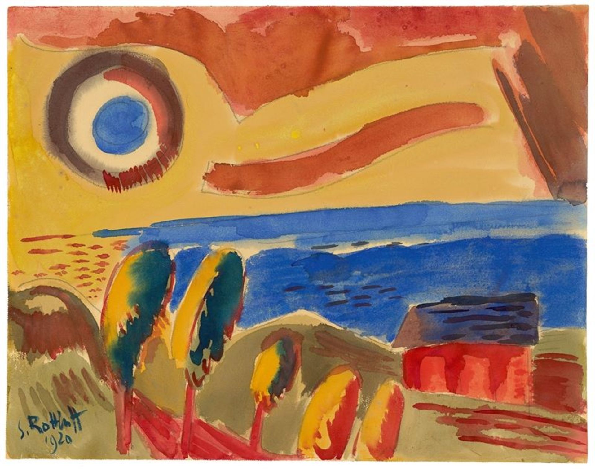 Karl Schmidt-Rottluff (Rottluff 1884 – 1976 Berlin)Meeresküste mit Sonne. 1920Aquarell über