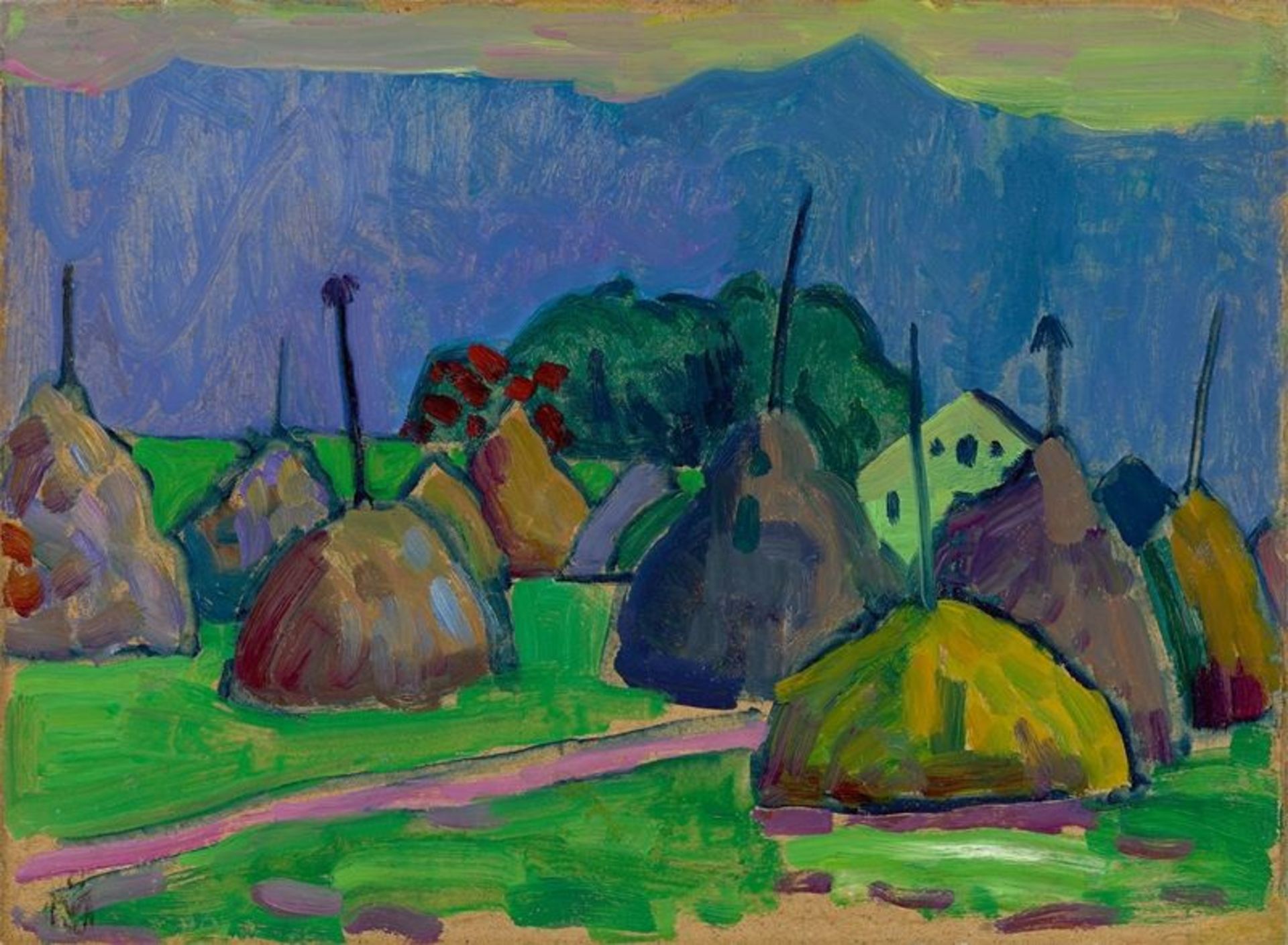 Gabriele Münter (Berlin 1877 – 1962 Murnau)Heuhocken in Murnau. Um 1909Öl auf Pappe. 25,5 × 34,7