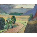 Gabriele Münter (Berlin 1877 – 1962 Murnau)Landschaft bei Murnau. 1935Öl auf Pappe. 39,3 × 50,6 cm (