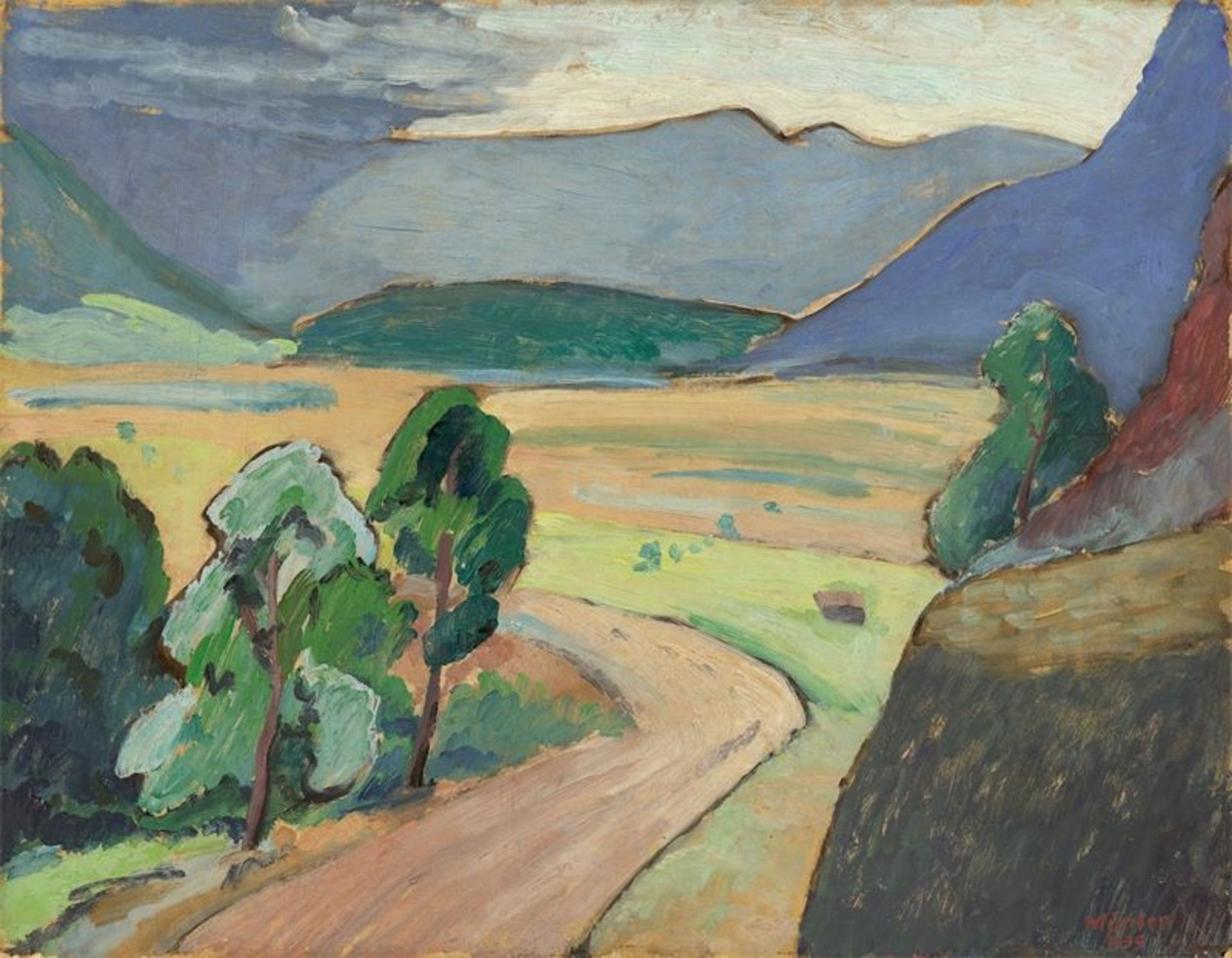 Gabriele Münter (Berlin 1877 – 1962 Murnau)Landschaft bei Murnau. 1935Öl auf Pappe. 39,3 × 50,6 cm (