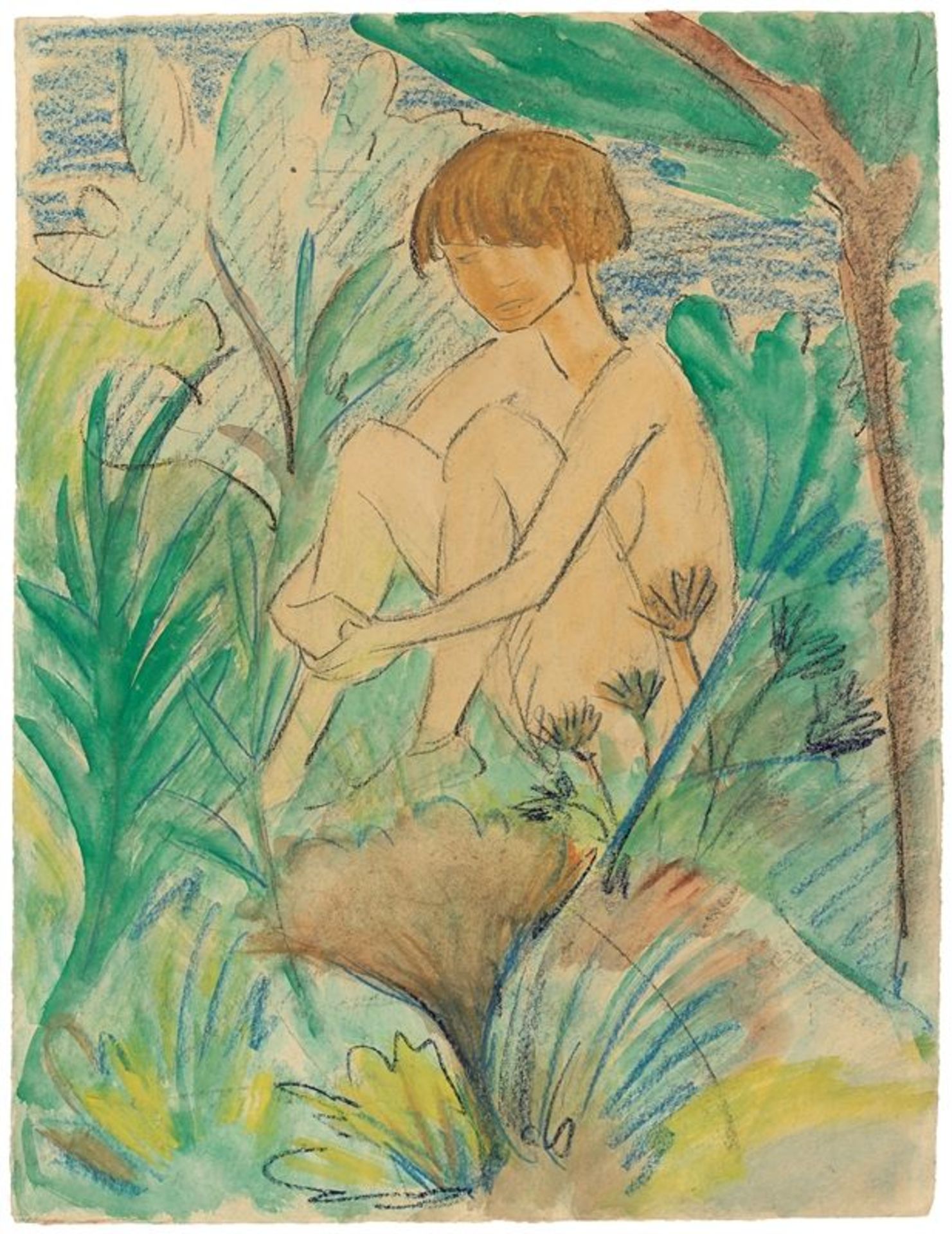 Otto Mueller (Liebau/Schlesien 1874 – 1930 Breslau)„Im Gras sitzendes Mädchen“. Um 1925Aquarell