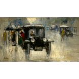 Lesser Ury (Birnbaum/Posen 1861 – 1931 Berlin)„Regennasse Straße mit Autodroschke, Berlin“. 1920er-