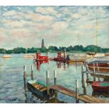 Philipp Franck (Frankfurt/M. 1860 – 1944 Berlin)„Bootsstege an der Havel“. 1937Öl auf Leinwand. 89,5