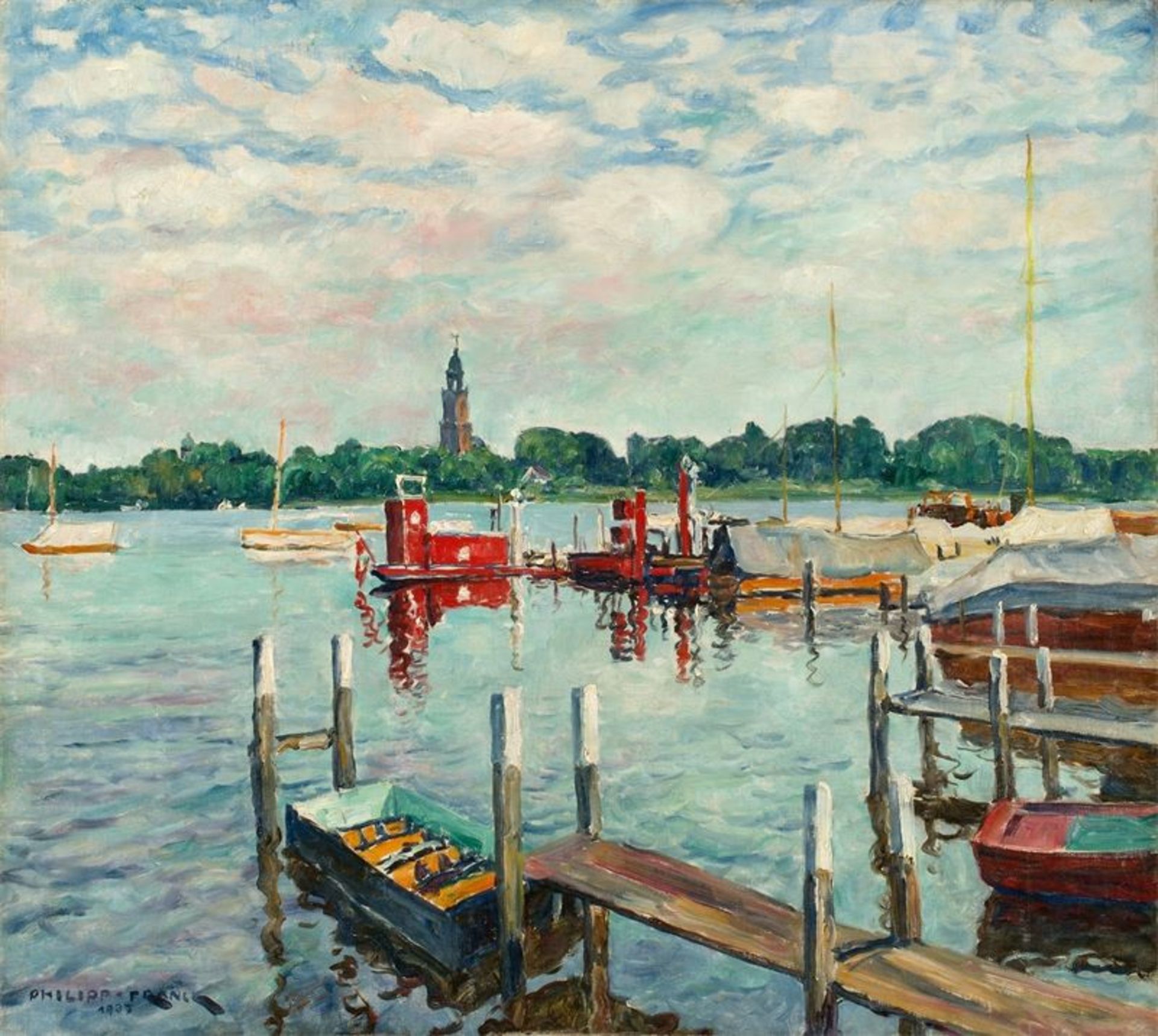 Philipp Franck (Frankfurt/M. 1860 – 1944 Berlin)„Bootsstege an der Havel“. 1937Öl auf Leinwand. 89,5