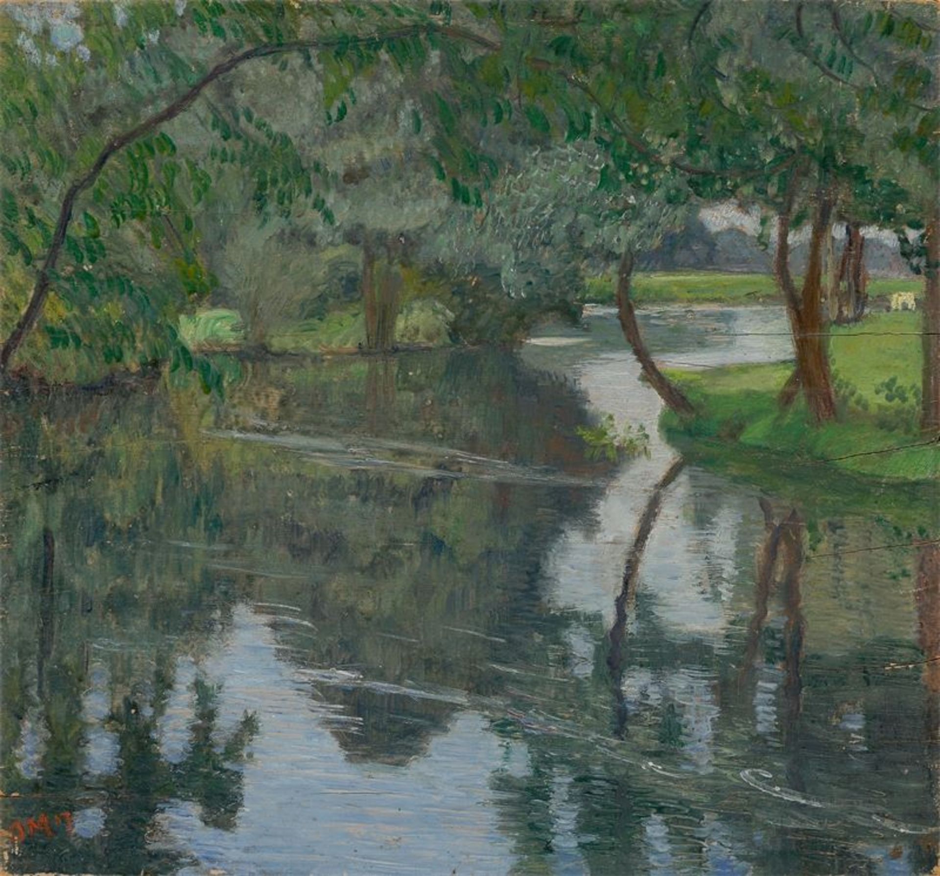 Otto Modersohn (Soest 1865 – 1943 Rotenburg/Wümme)Flusslandschaft. 1917Öl auf Holz. 26,4 × 27,8 cm (
