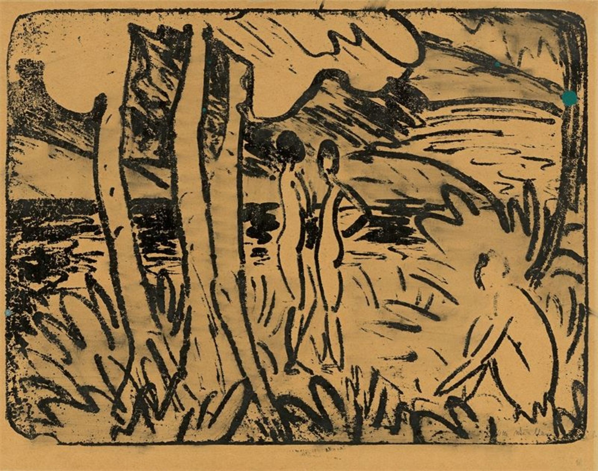 Otto Mueller (Liebau/Schlesien 1874 – 1930 Breslau)„Drei Mädchen im Wald (Kleine Akte in