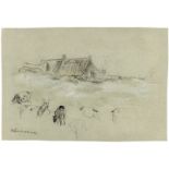 Max Liebermann (1847 – Berlin – 1935)Strandhäuser, im Vordergrund Ziegen. Um 1896Kreide, weiß