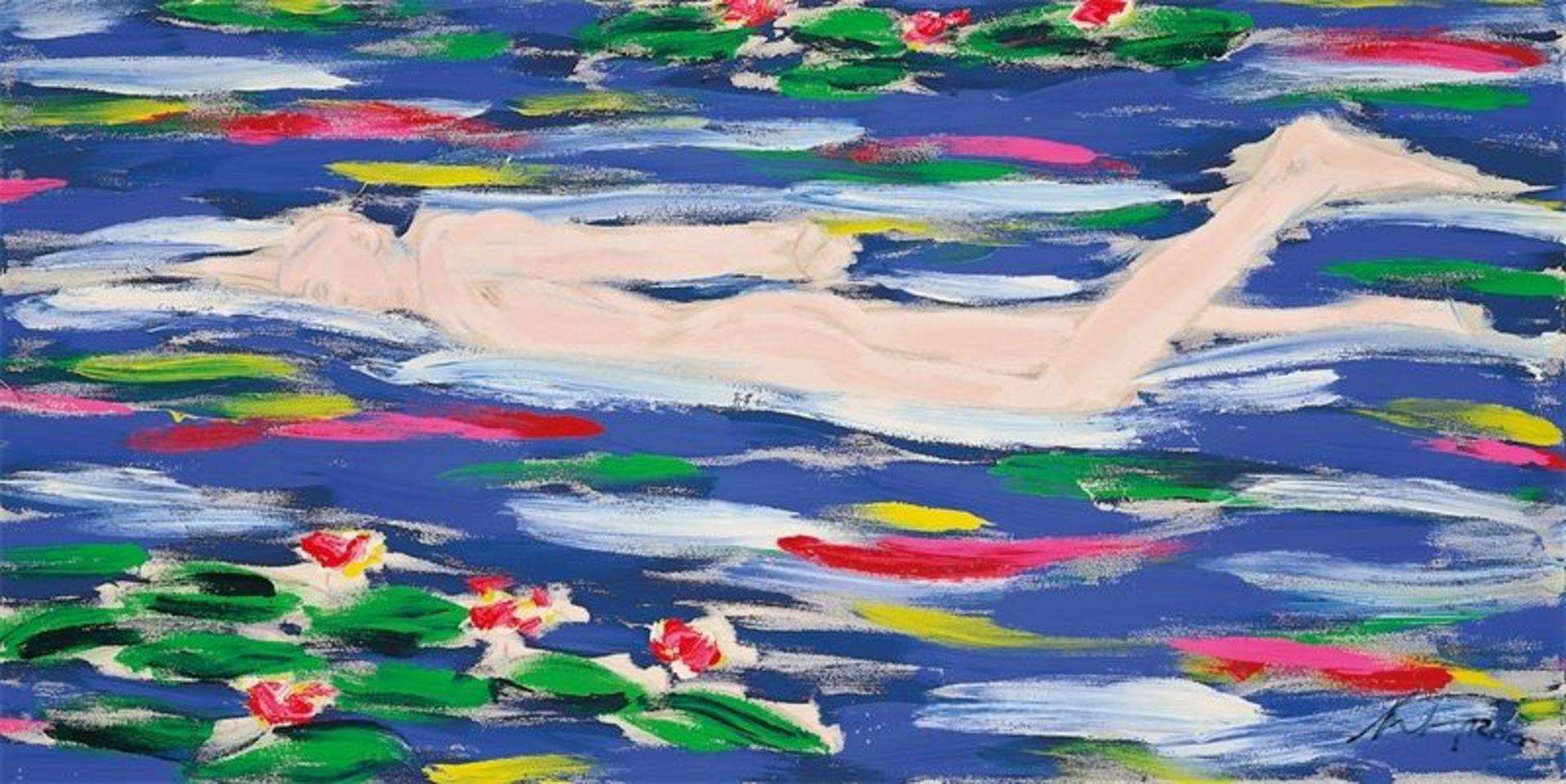 Salomé (Karlsruhe 1954 – lebt in Berlin)„Schwimmer mit Lilies“. 2000Acryl auf Leinwand. 100 × 200 cm