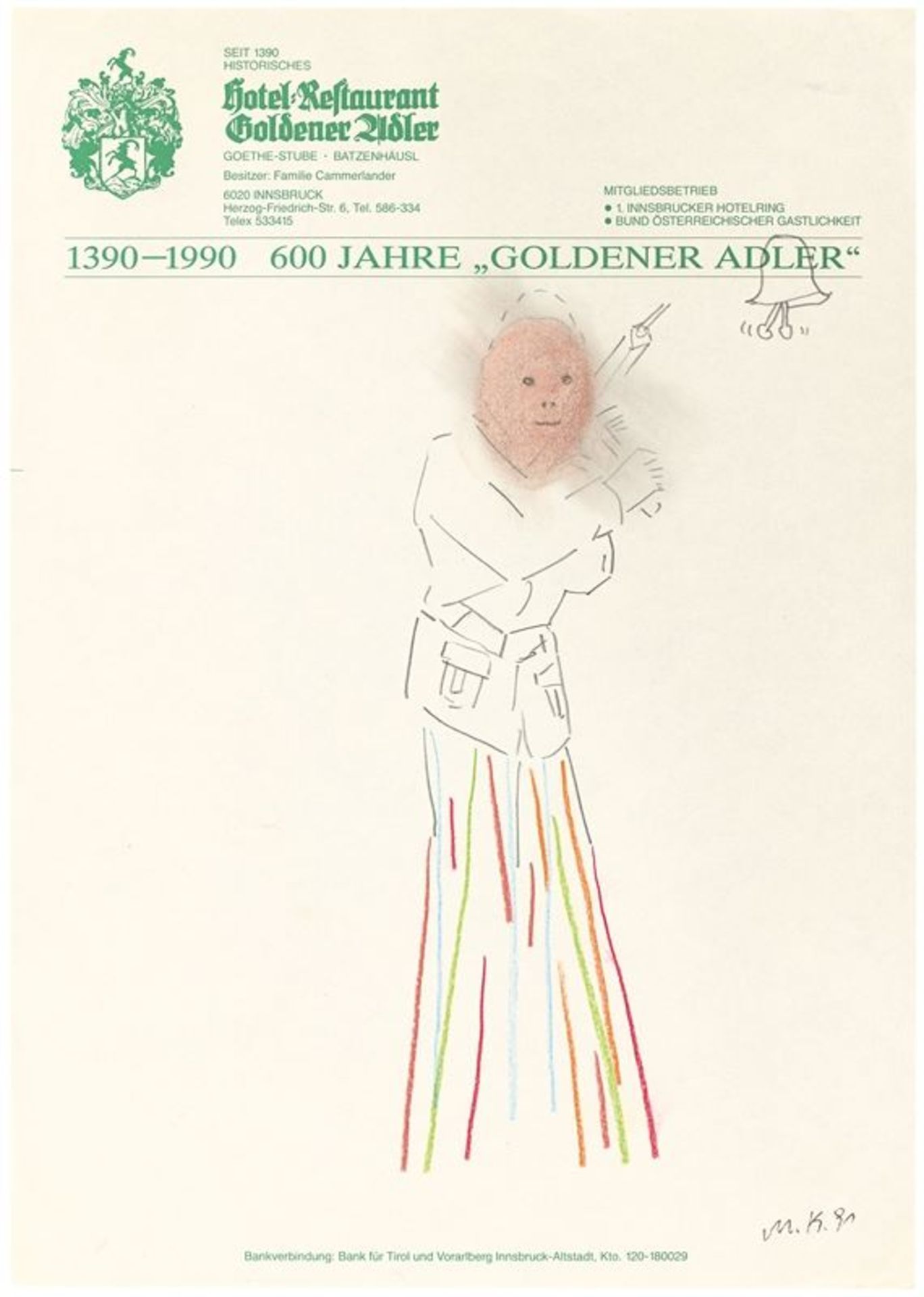 Martin Kippenberger (Dortmund 1953 – 1997 Wien)Ohne Titel (Hotel Drawing). 1991Farb- und Bleistift