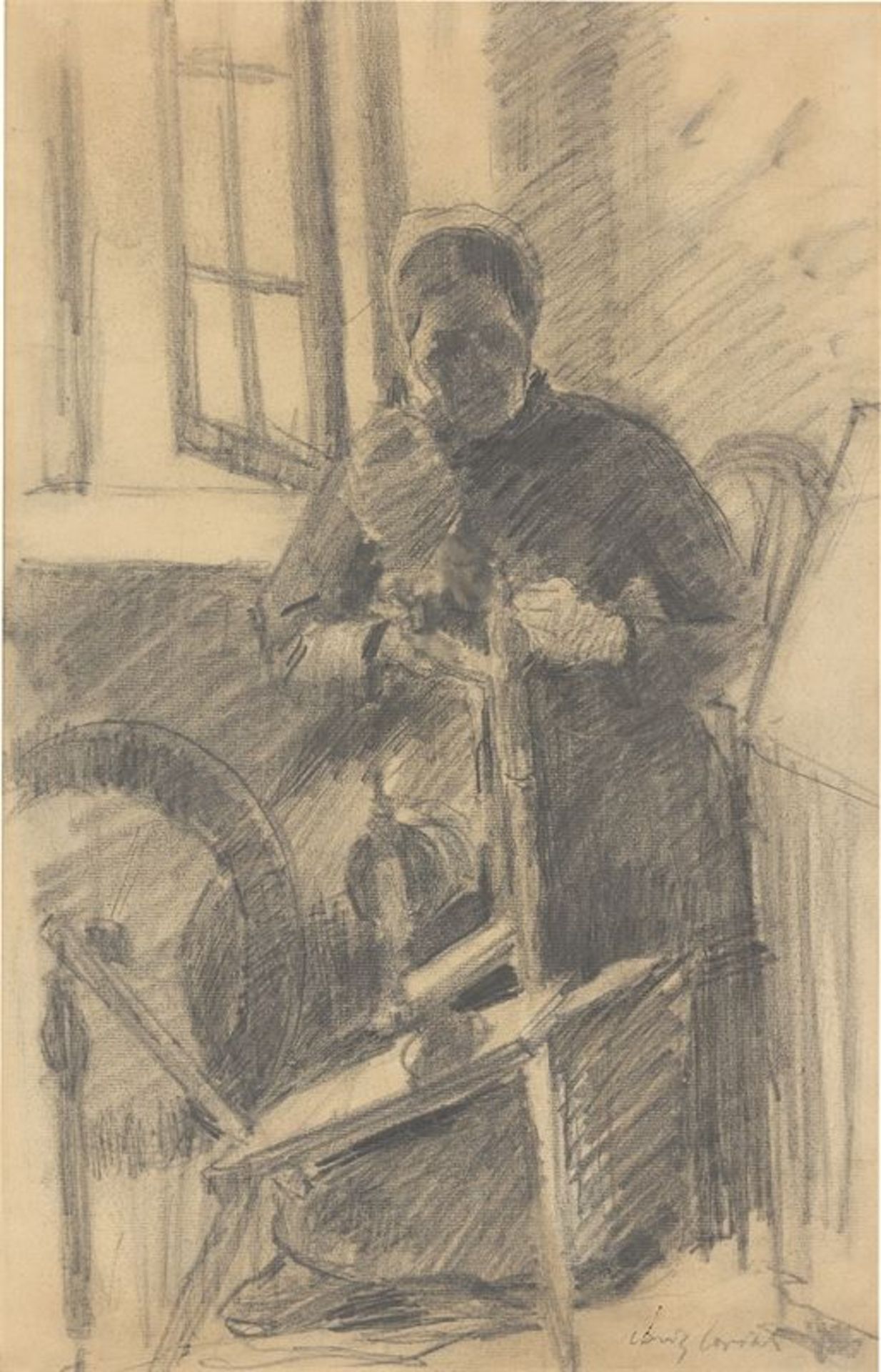 Lovis Corinth (Tapiau/Ostpreußen 1858 – 1925 Zandvoort)Alte Frau am Spinnrad. Um 1886Bleistift