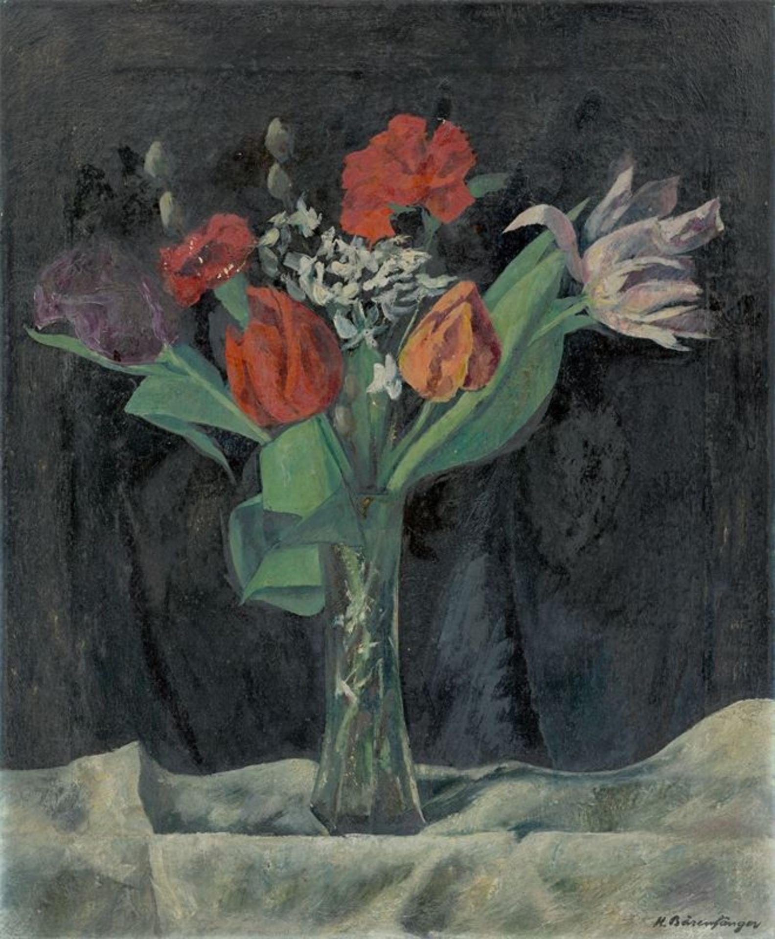 Karl Bärenfänger (Krefeld 1888 – 1947 Dortmund)Tulpen, Nelken, Kätzchen. Öl auf Leinwand. 56,9 ×