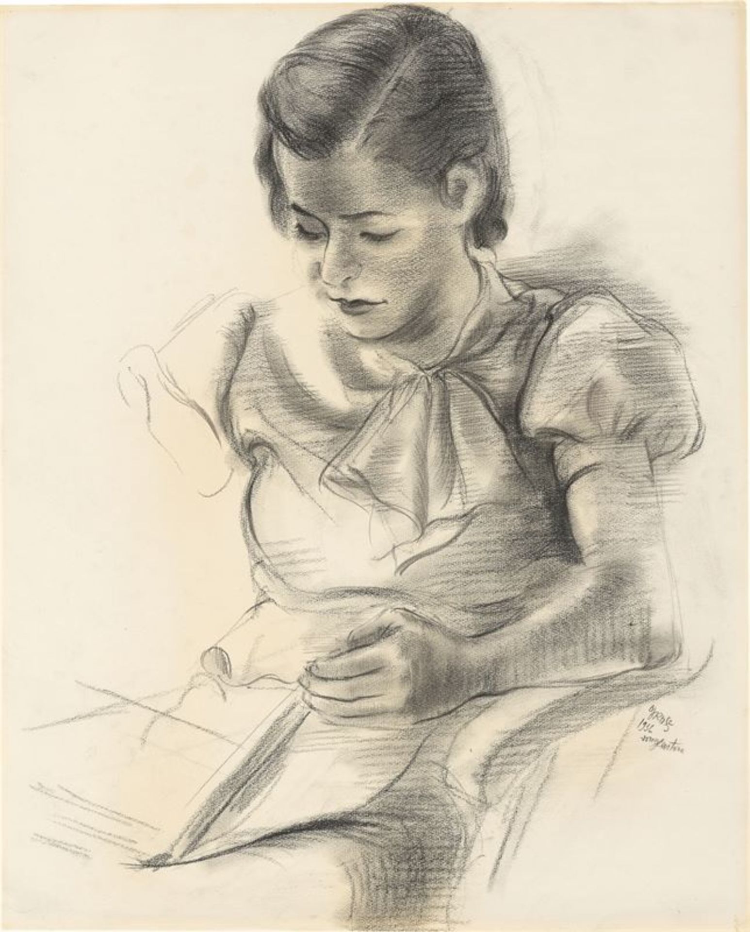 George Grosz (1893 – Berlin – 1959)„Girl reading“. 1936Kohle auf Bütten. 59,6 × 48,3 cm ( 23 ½ ×