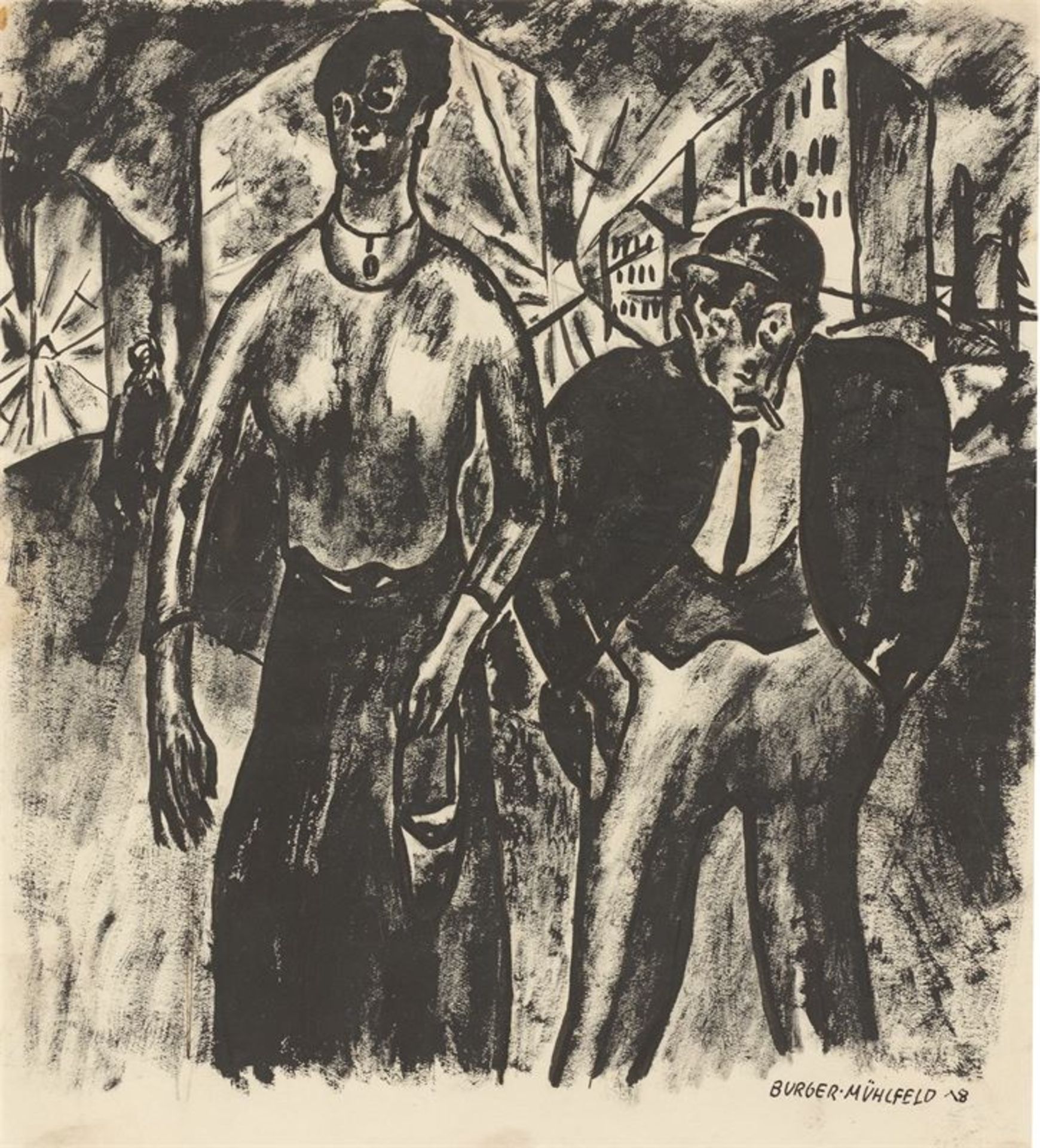 Fritz Burger-Mühlfeld (Augsburg 1882 – 1969 Hannover)Paar. 1918Tusche auf Papier. 22,8 × 20,5 cm ( 9