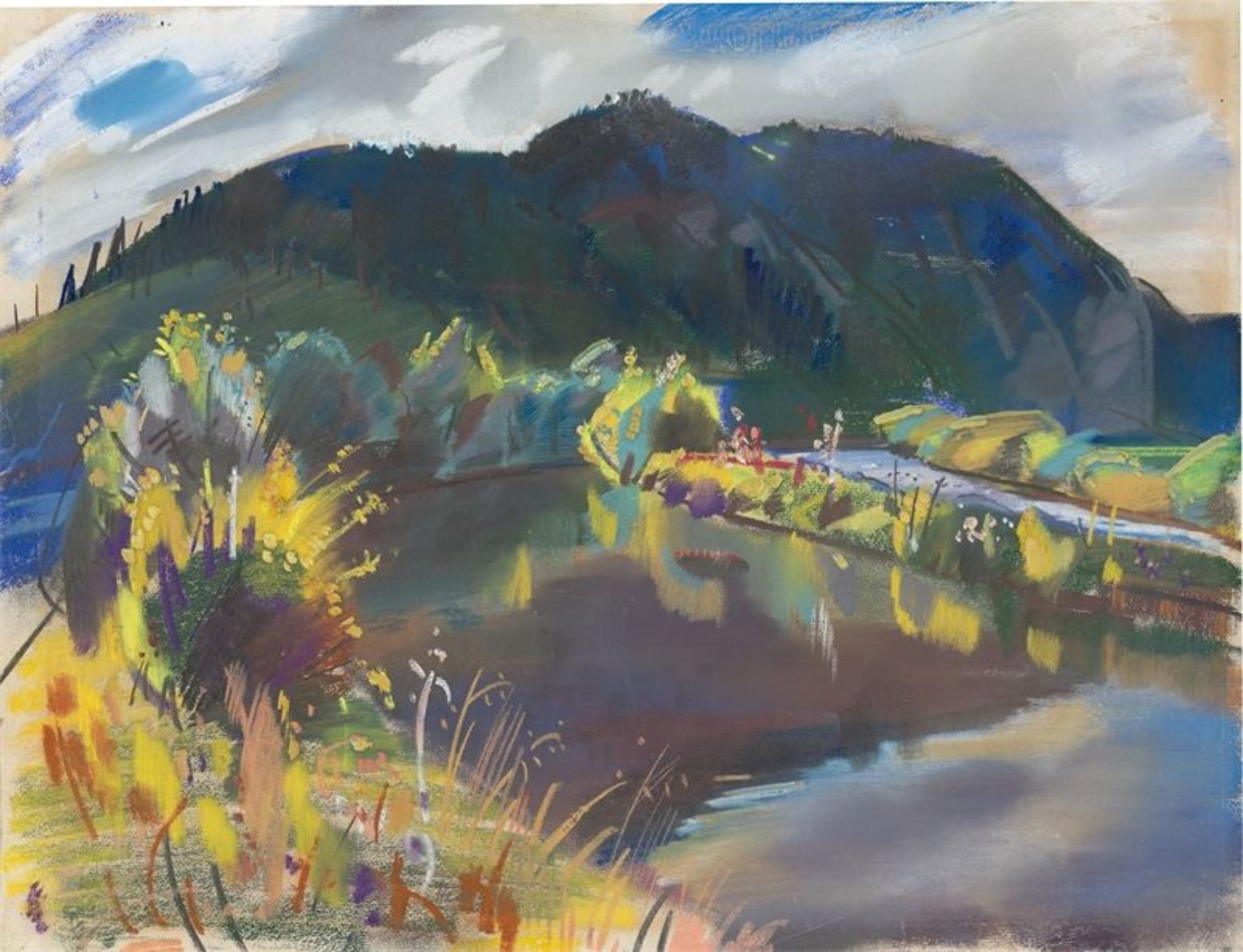 Otto Herbig (Dorndorf 1889 – 1971 Weilheim)Sommerliche Landschaft mit See. 1931Pastell und Gouache