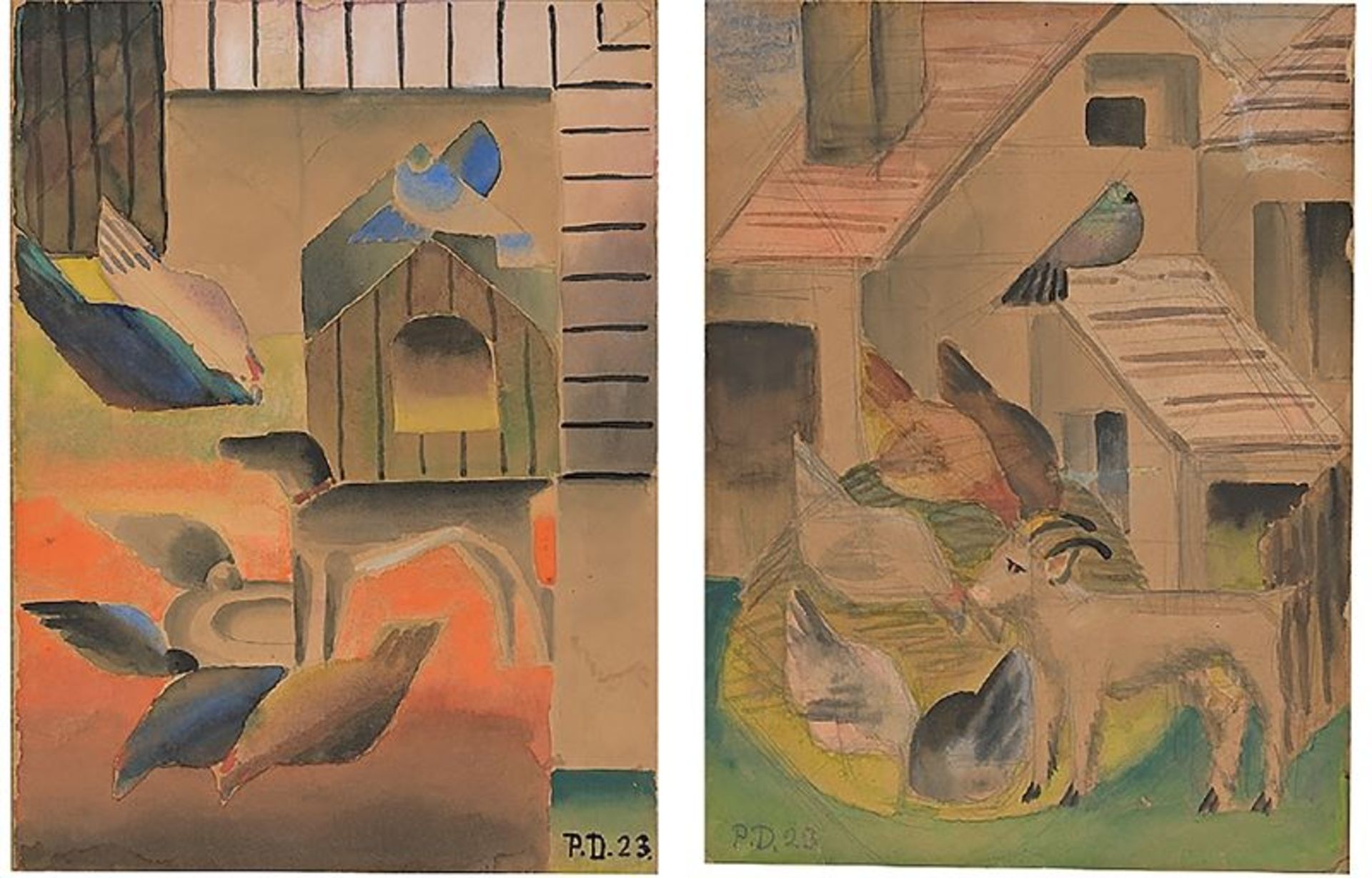 Paul Dobers (Breslau 1885 – 1959 Kassel)Hund mit Hühnern / Ziege mit Hühnern. 19232 Aquarelle über