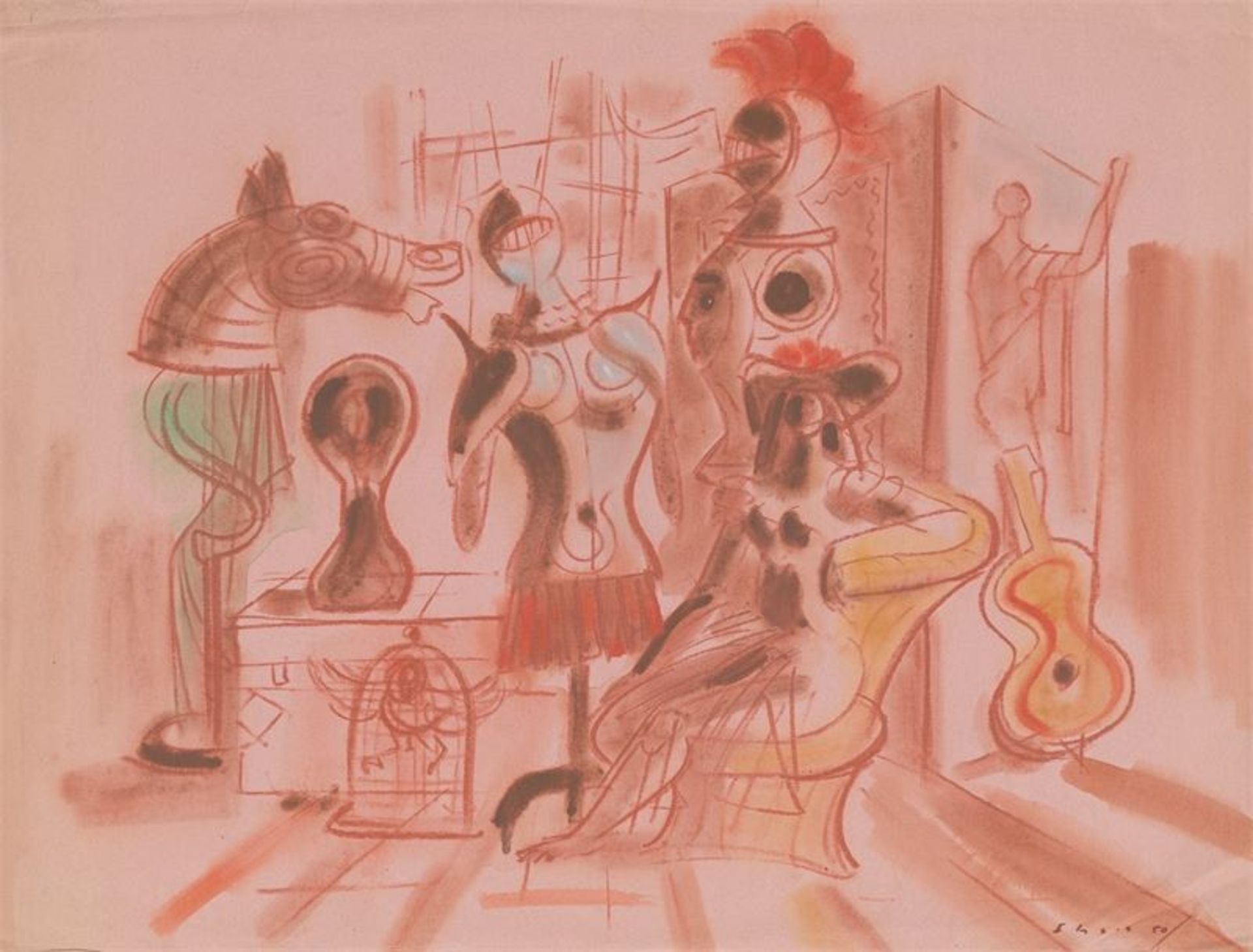 Edgar Ehses (Trier 1894 – 1964 Wiesbaden)In der Requisite. 1950Pastell und Gouache auf rosa