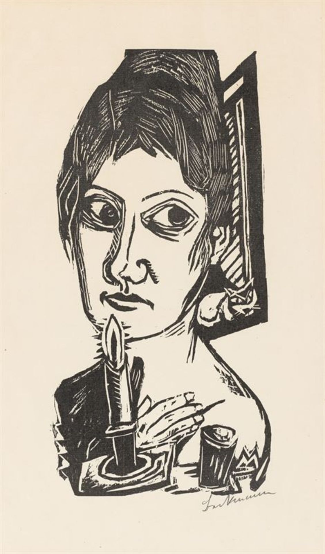 Max Beckmann (Leipzig 1884 – 1950 New York)„Frau mit Kerze“. 1920Holzschnitt auf Bütten. 30,3 × 15