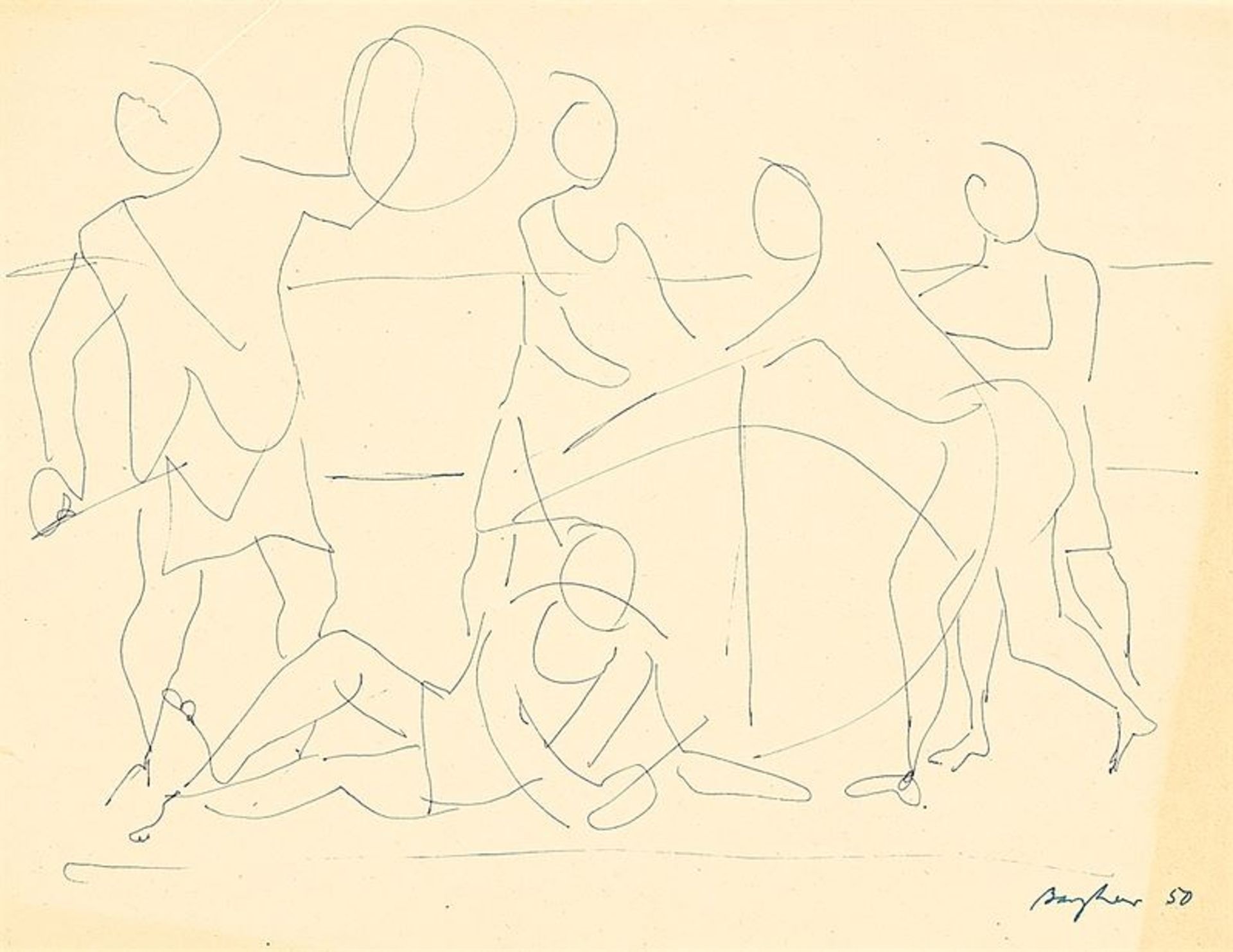 Eduard Bargheer (Finkenwerder 1901 – 1979 Hamburg)„Figurengruppe“. 1950Tinte auf Papier. 21,9 × 28,3