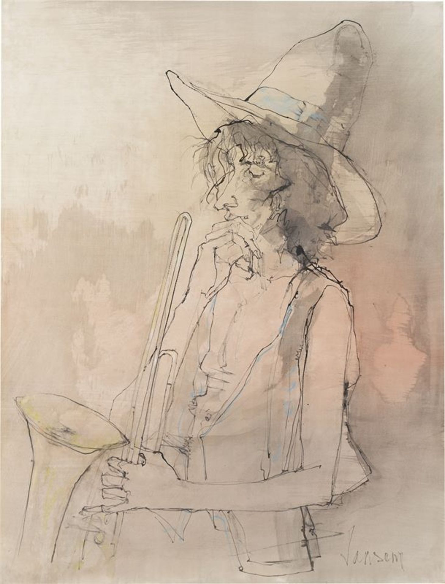 Jean Jansem (Bursa 1920 – 2013 Saint-Aignan)Musikant. Tuschfeder, Aquarell und Deckweiß auf