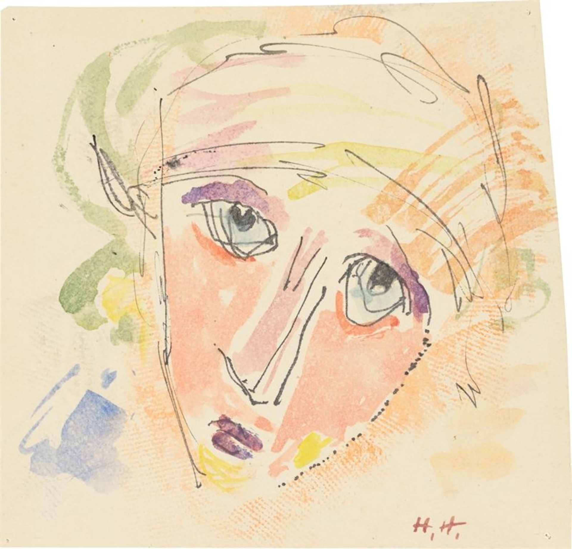 Hannah Höch (Gotha 1889 – 1978 Berlin)Porträt. Tuschfeder und Aquarell auf Papier. 12,9 × 13,4