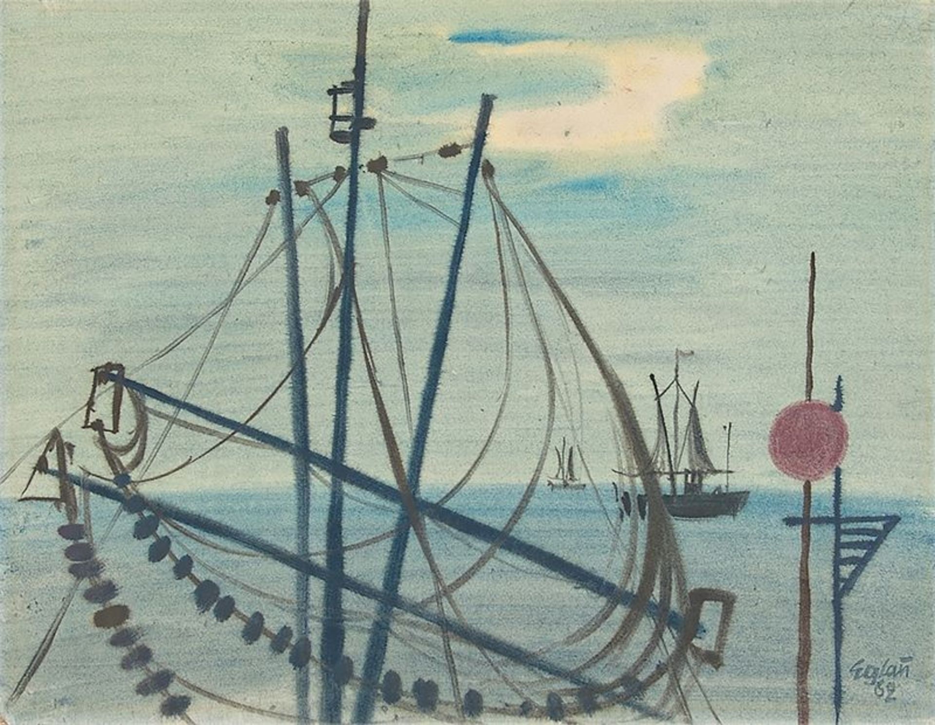 Otto Eglau (1917 – Berlin – 1988)Seestück mit Takelage. 1962Gouache auf Bütten. 48,3 × 63 cm (