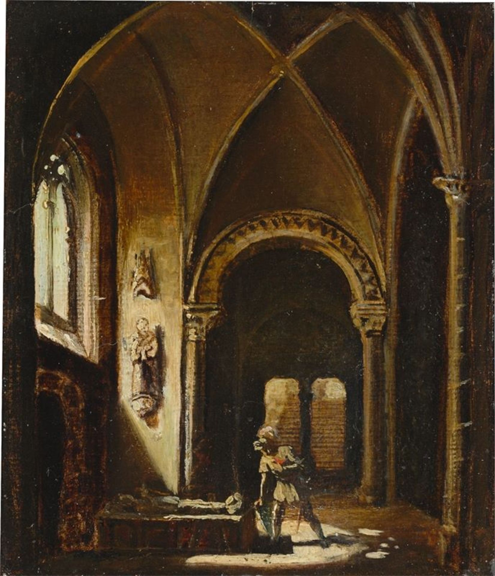 Franz Ludwig Catel (Berlin 1778 – 1856 Rom)Ritter am Grabmal einer gotischen Kapelle. Um 1835/45Öl