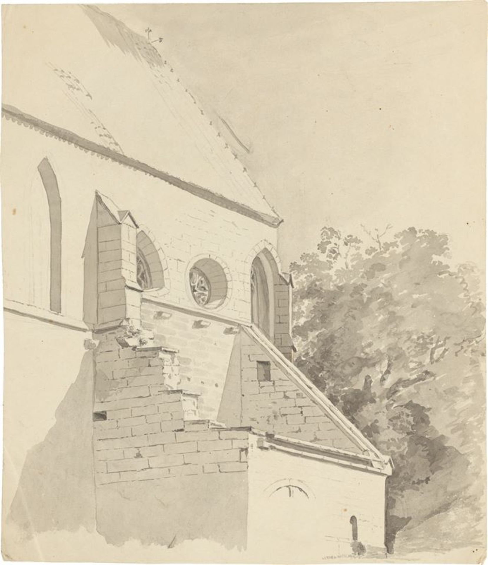 Bernhard Fries (Heidelberg 1820 – 1879 München)Seitenansicht einer Kapelle. Pinsel in Grau auf