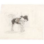 Deutsch, um 1830 ()Gesatteltes Pferd vor dem Stall mit zwei Männern. Aquarell und Bleistift auf