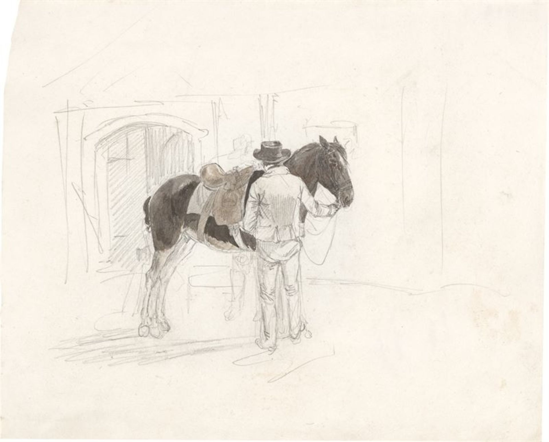 Deutsch, um 1830 ()Gesatteltes Pferd vor dem Stall mit zwei Männern. Aquarell und Bleistift auf