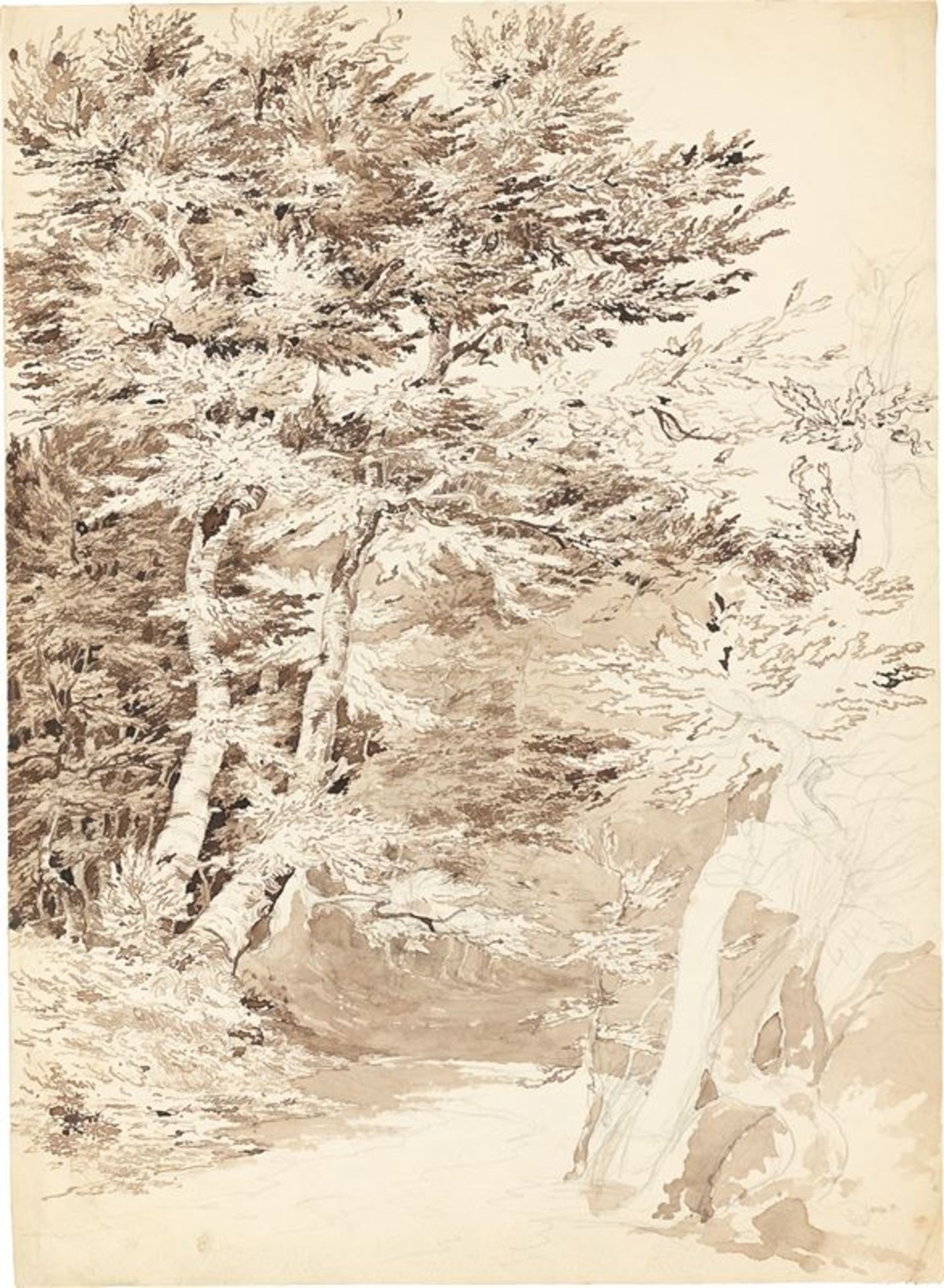Carl Wagner (Roßdorf in der Rhön 1796 – 1867 Meiningen)Waldweg. Pinsel in Braun über Bleistift auf