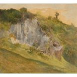 Carl Spitzweg (1808 – München – 1885)Landschaftsstudie mit Felspartie. Öl auf Papier, erneut auf