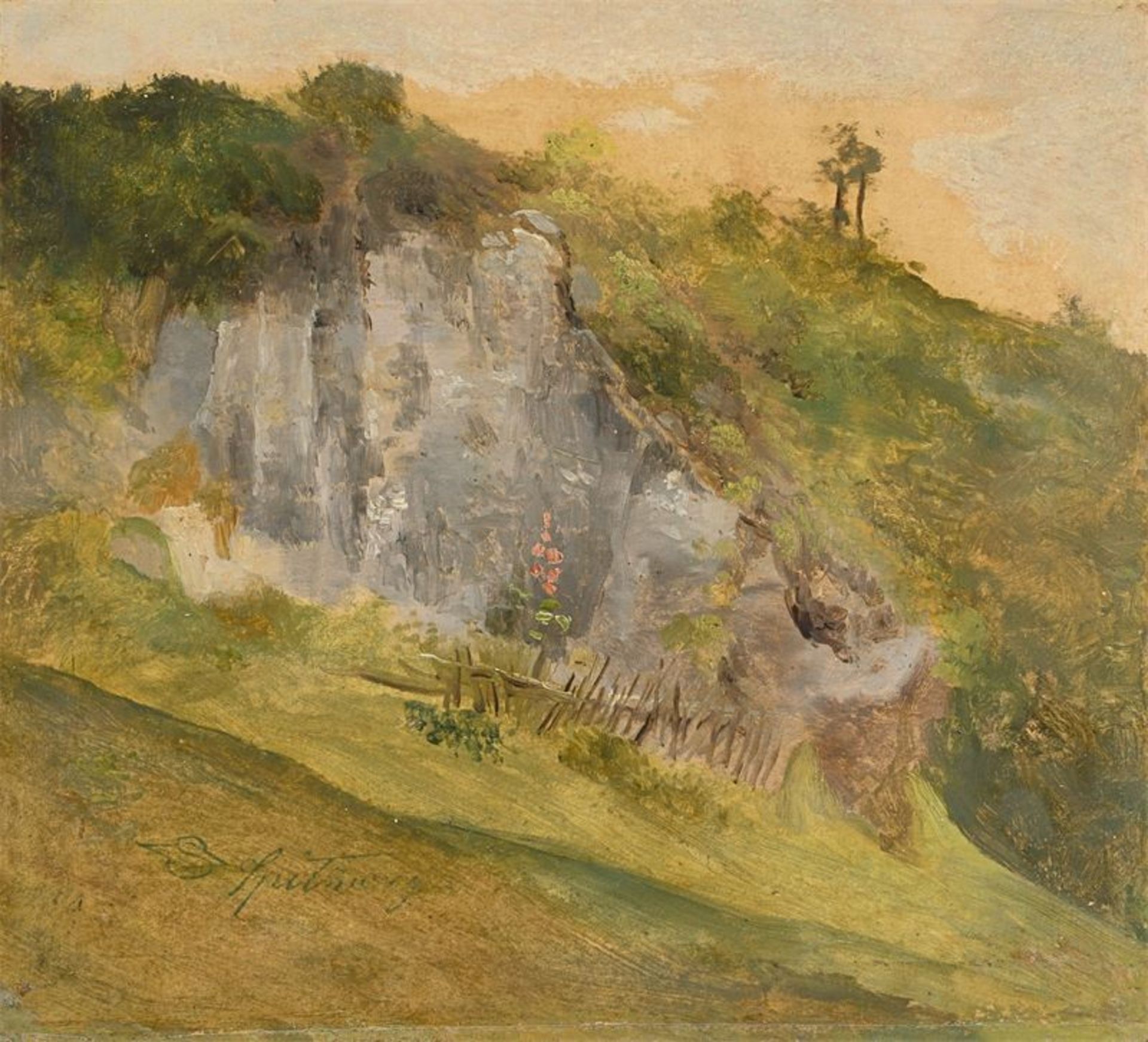 Carl Spitzweg (1808 – München – 1885)Landschaftsstudie mit Felspartie. Öl auf Papier, erneut auf