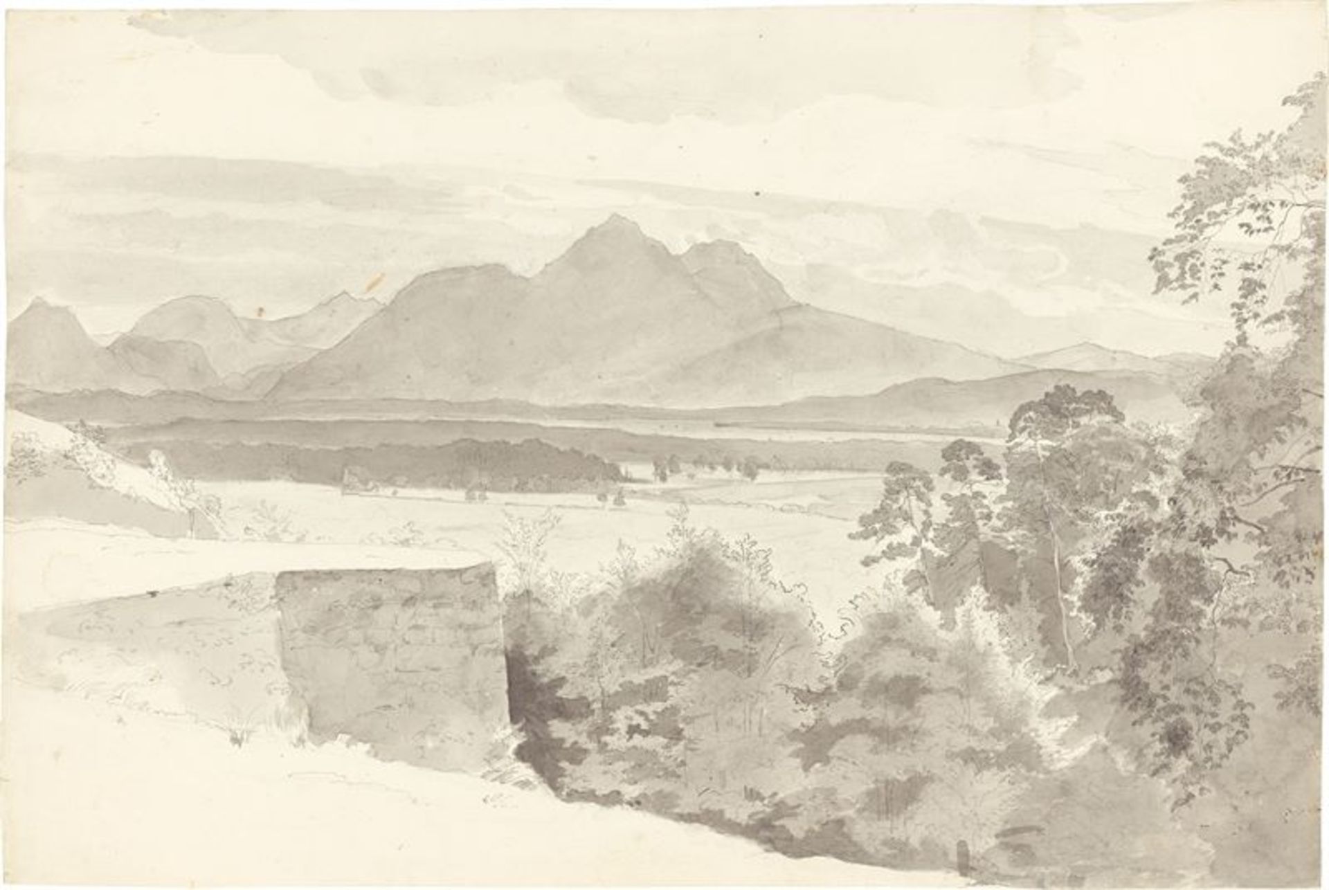 Bernhard Fries (Heidelberg 1820 – 1879 München)Bergsee mit Doppelbergspitzen. Feder in Schwarz, grau