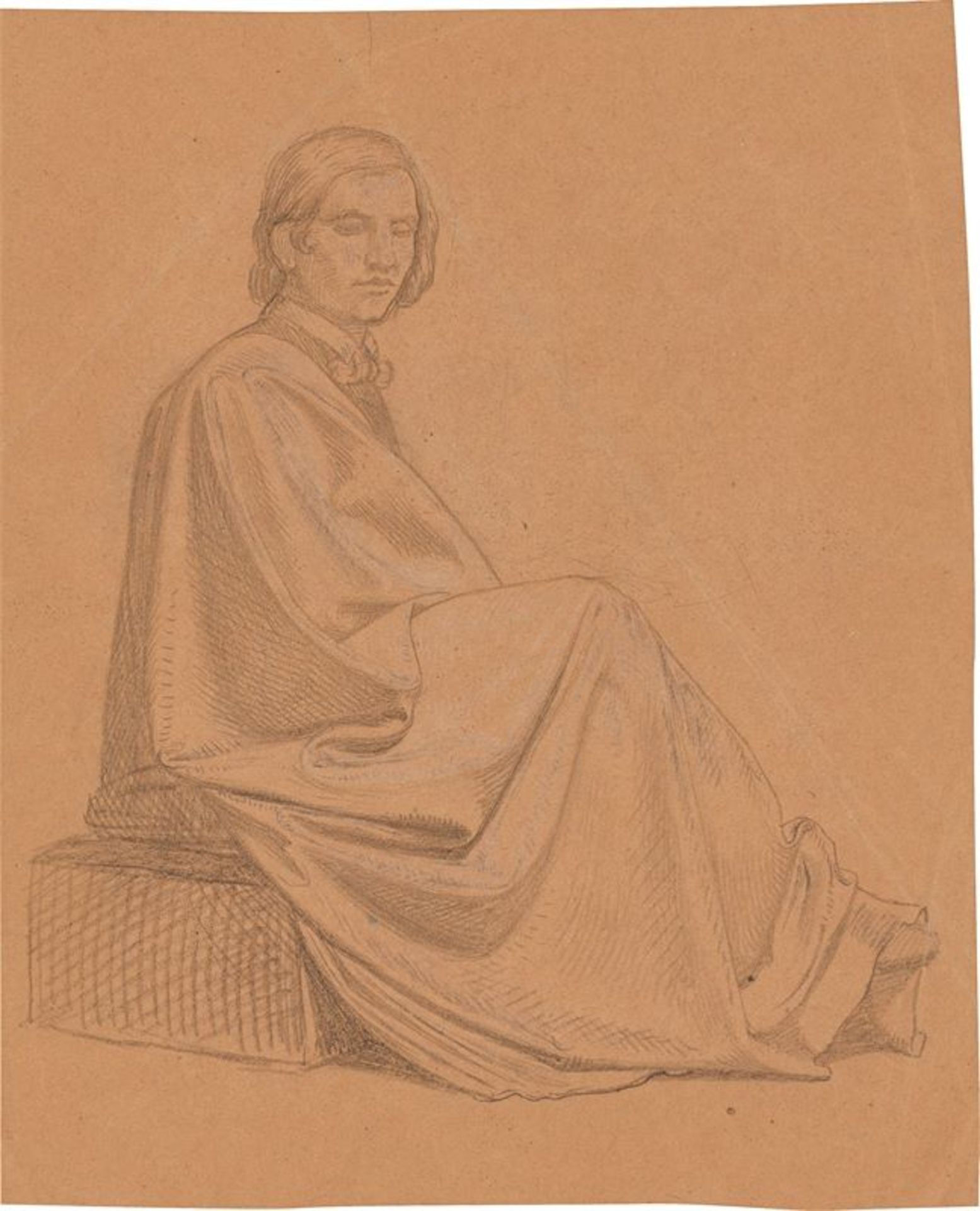 German, circa 1830 ()Garment study. Chalk and pencil on brown paper. 26,5 × 21,6 cm ( 10 ⅜ × 8 ½