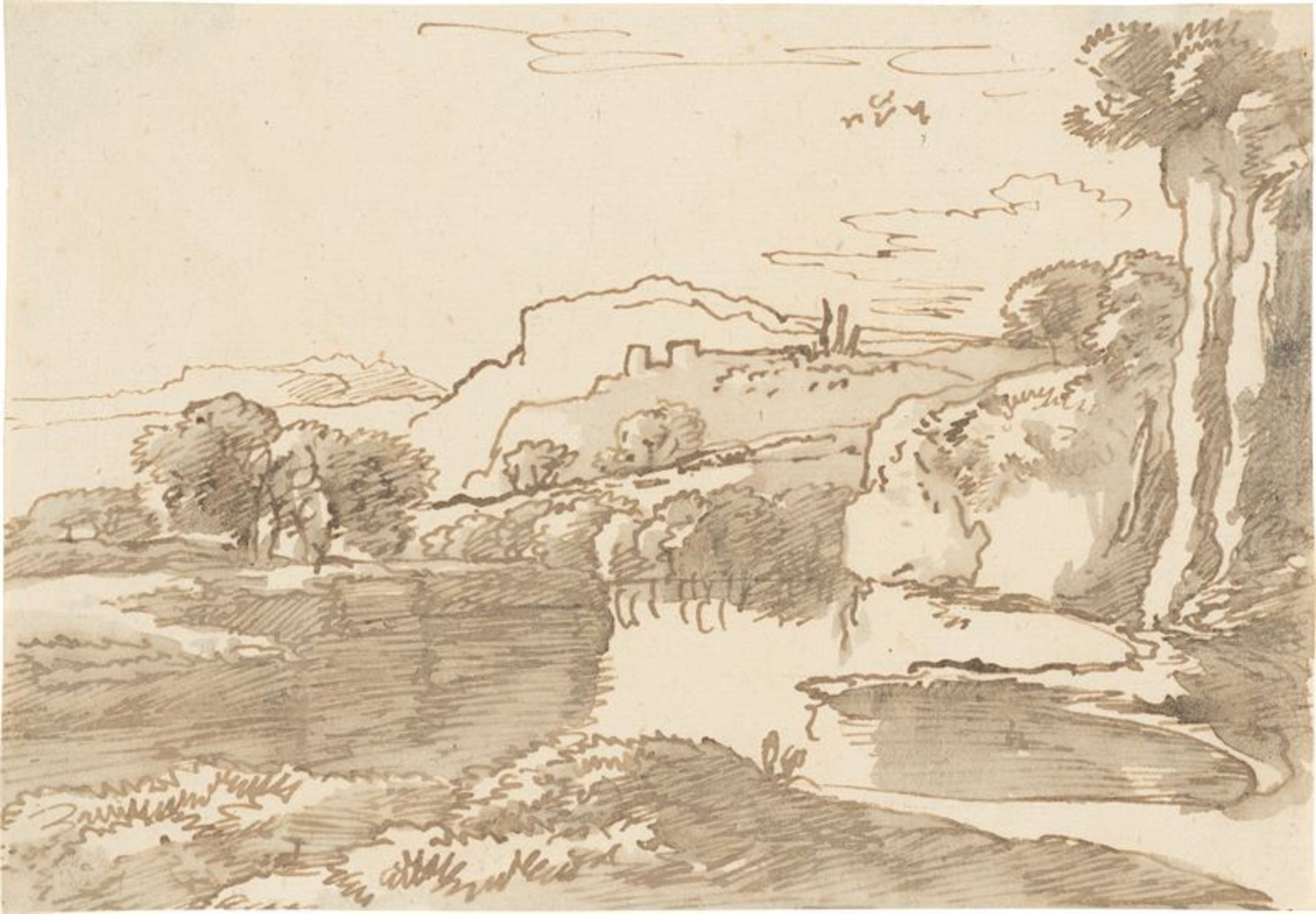 Franz Kobell (Mannheim 1749 – 1822 München)Italienische Landschaft. Feder und Pinsel in Braun auf
