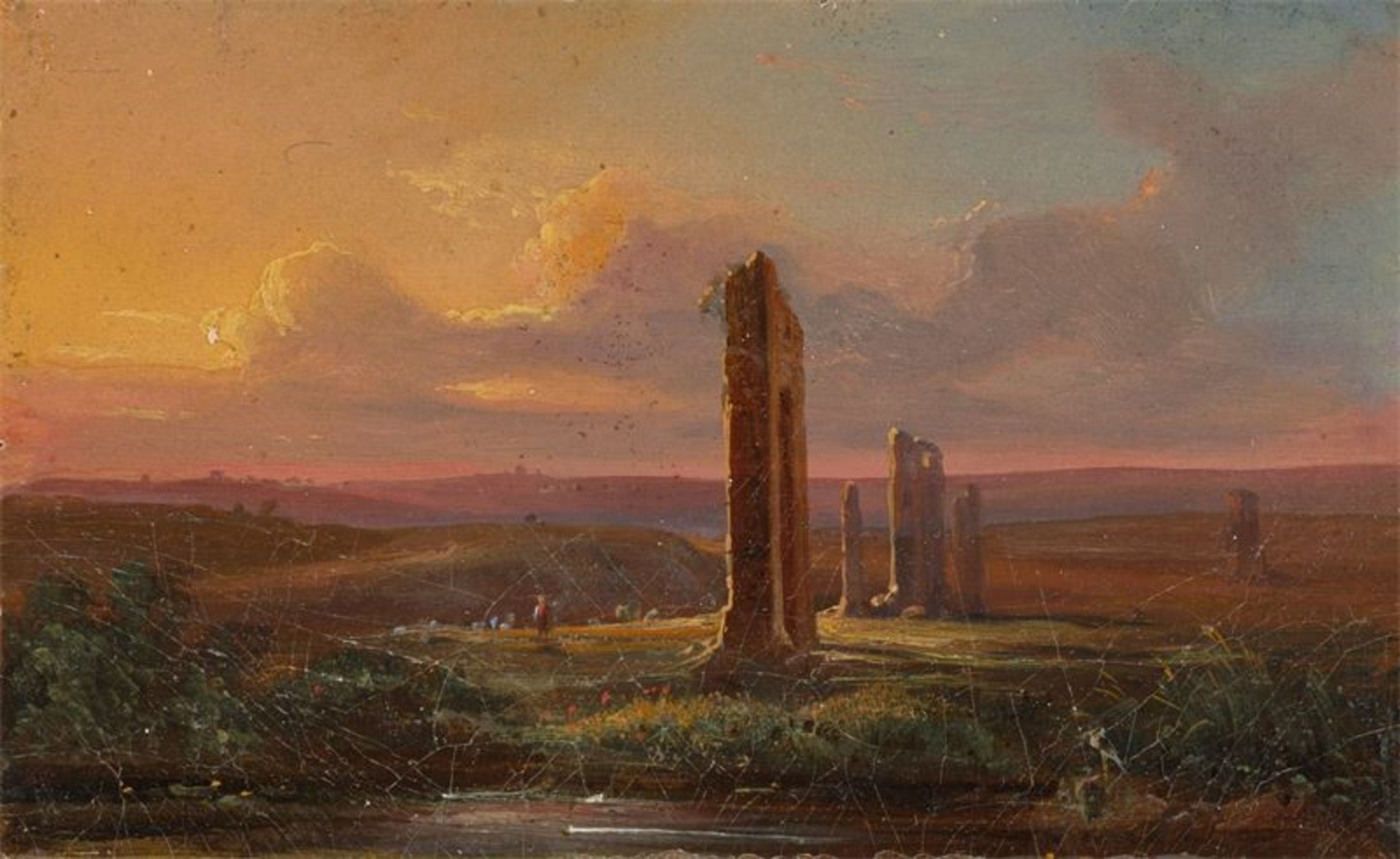 Deutsch, um 1840/50 ()Ruinenlandschaft am Abend. Öl auf Leinwand. 9,7 × 15,6 cm ( 3 ⅞ × 6 ⅛ in.).