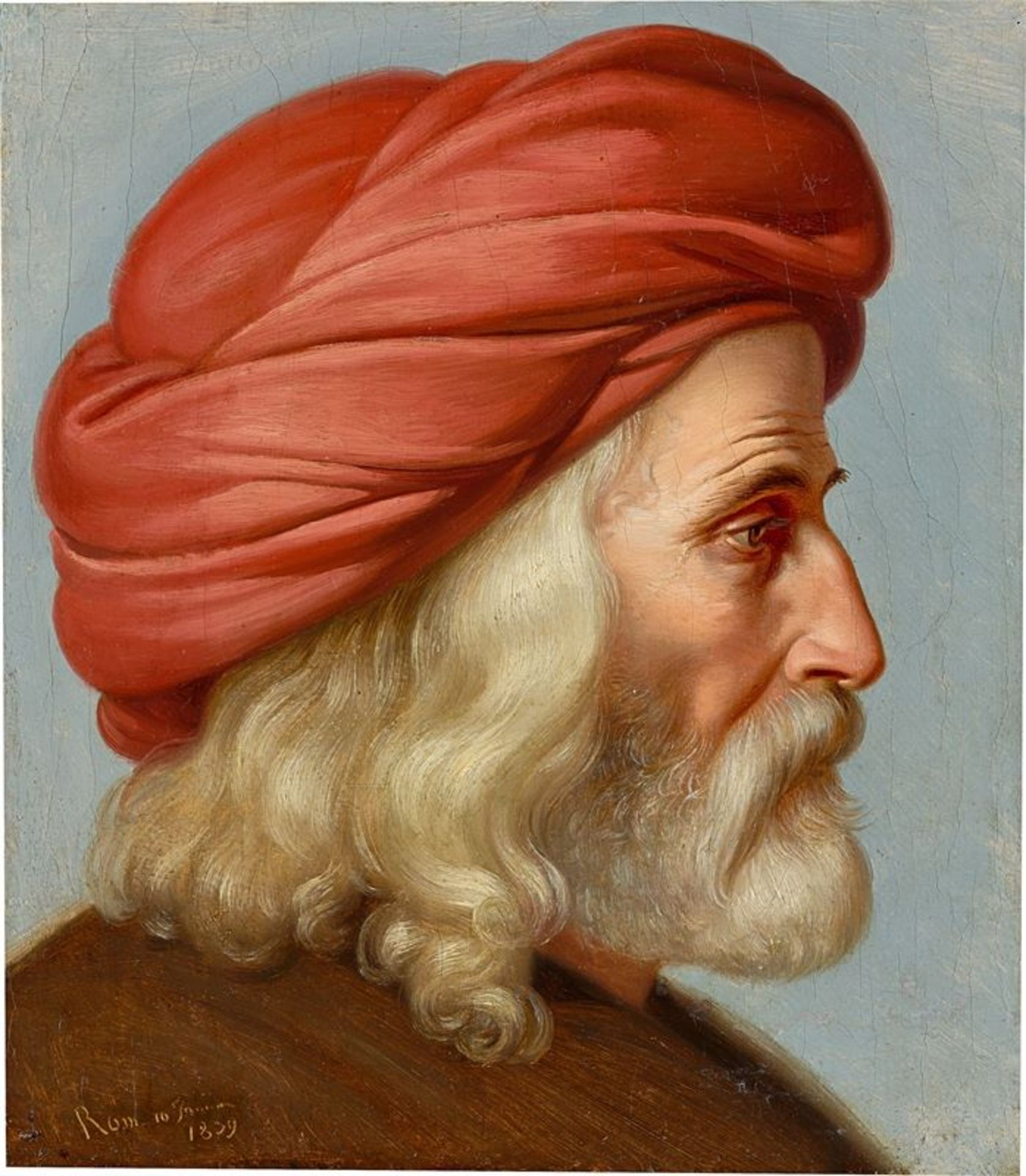 Deutsch, 1839 ()Mann mit rotem Turban. Öl auf Papier auf Leinwand. 34,8 × 30,5 cm ( 13 ¾ × 12