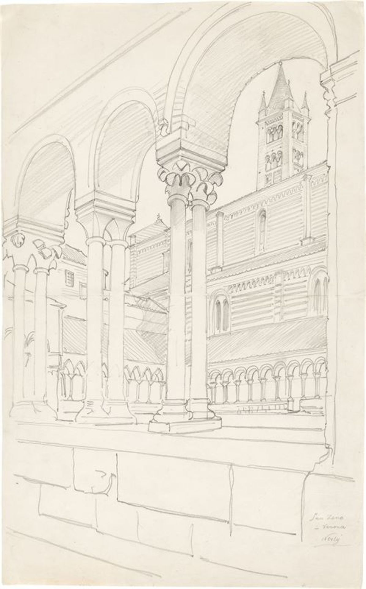 Friedrich Nerly (Erfurt 1807 – 1878 Venice)"San Zeno in Verona". Pencil on paper. 41,7 × 16,1 cm (