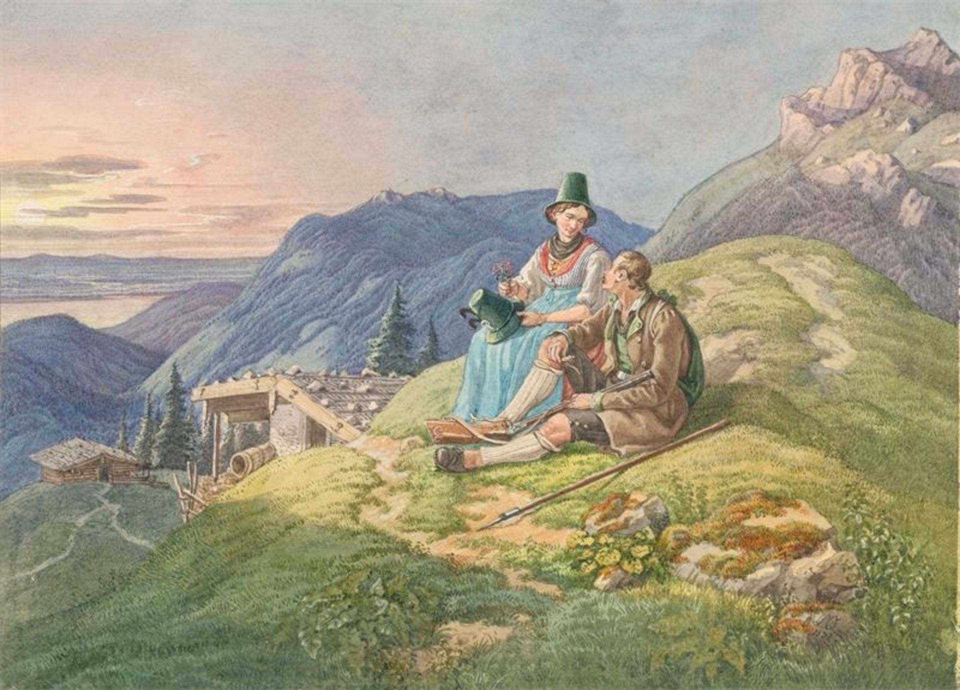 Lorenzo Quaglio (1793 – München – 1869)Sennerin und Jäger auf der Alm. 1832Aquarell auf Papier. 16,5