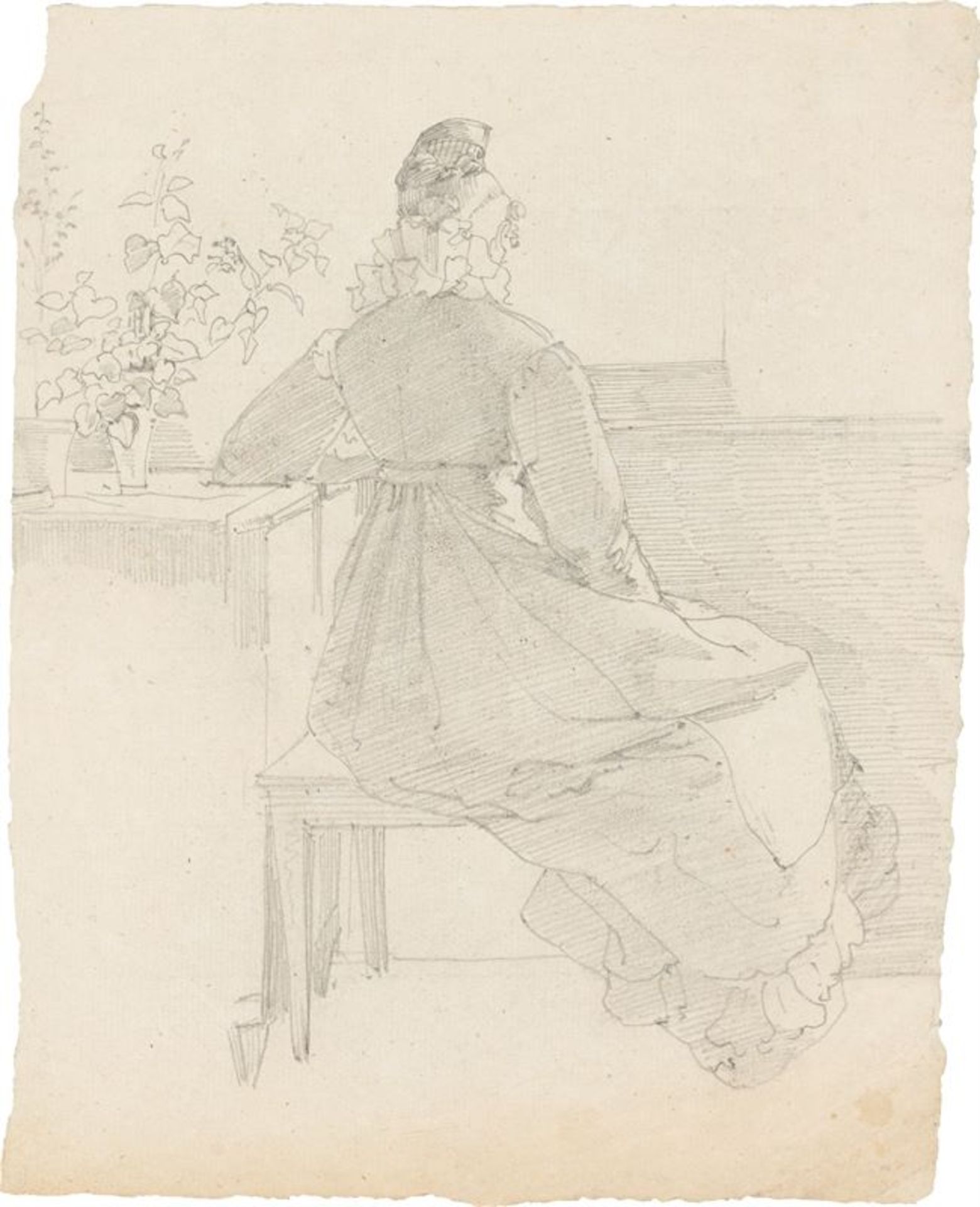 Ernst Fries (Heidelberg 1801 – 1833 Karlsruhe)Rückenansicht einer sitzenden Frau auf dem Balkon.