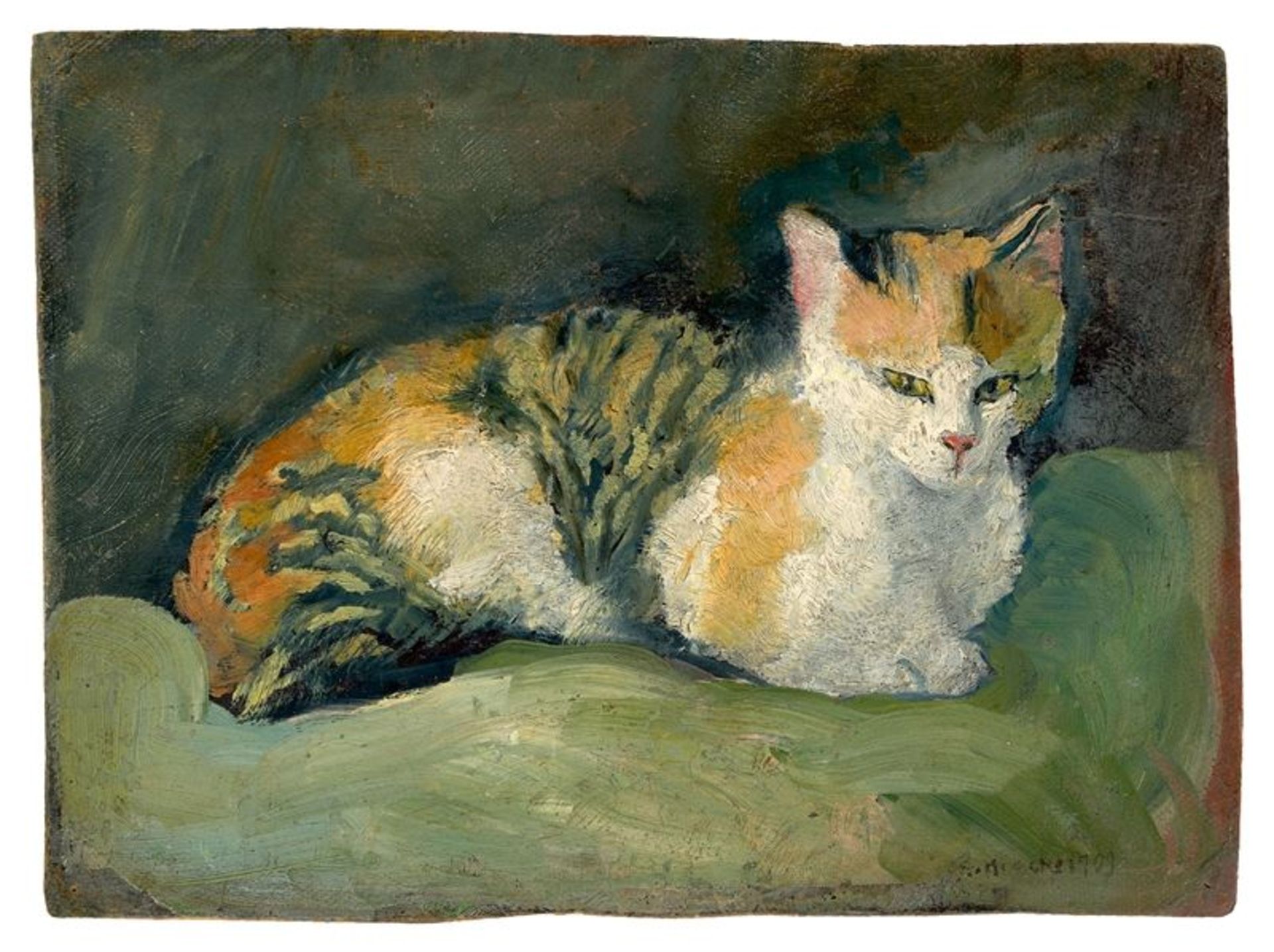 August Macke (Meschede 1887 – 1914 Perthes-lès-Hurlus)„Katze auf grünem Kissen I“. 1909Öl auf Pappe.