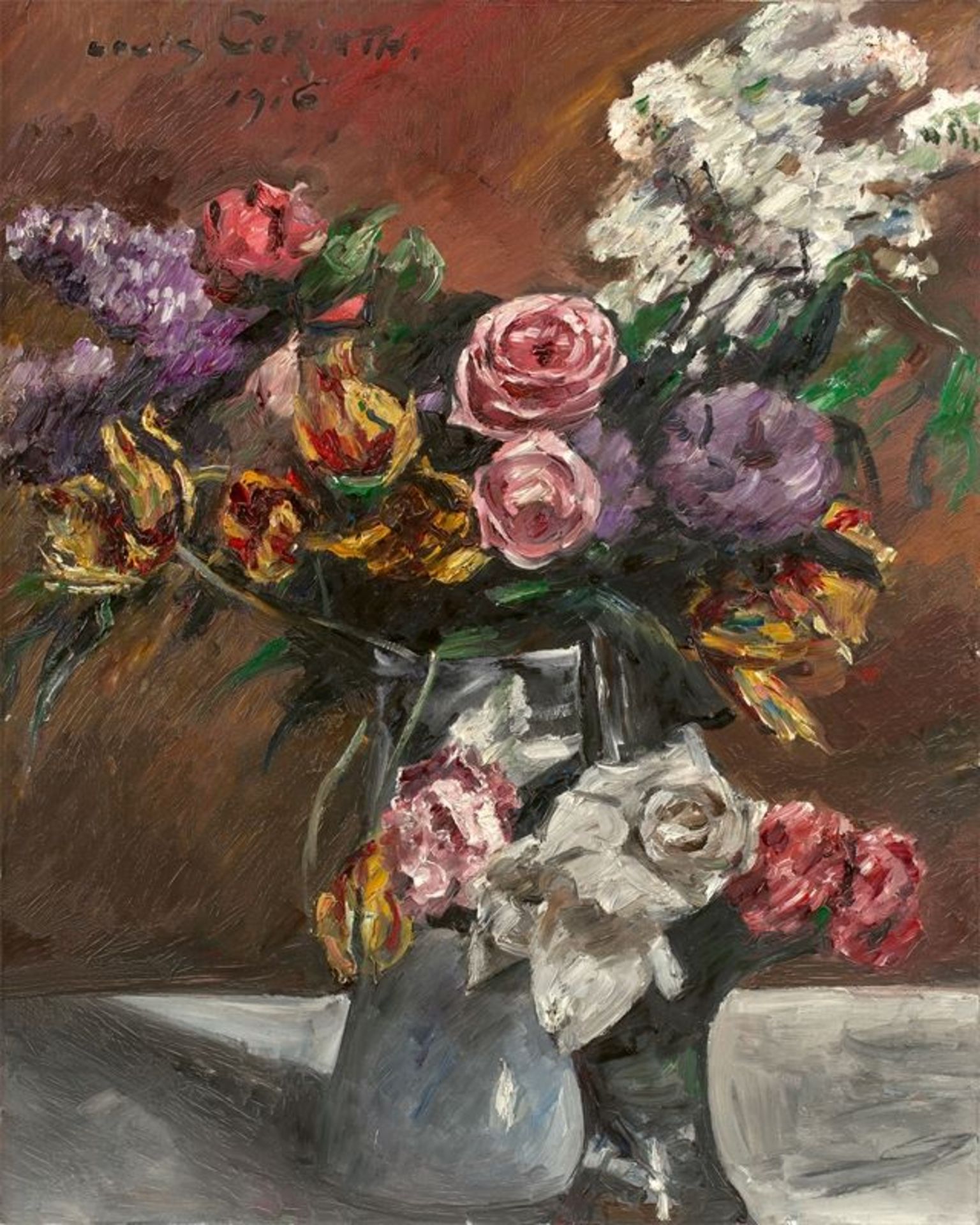 Lovis Corinth (Tapiau/Ostpreußen 1858 – 1925 Zandvoort)„Rosen, Tulpen und Flieder“. 1916Öl auf