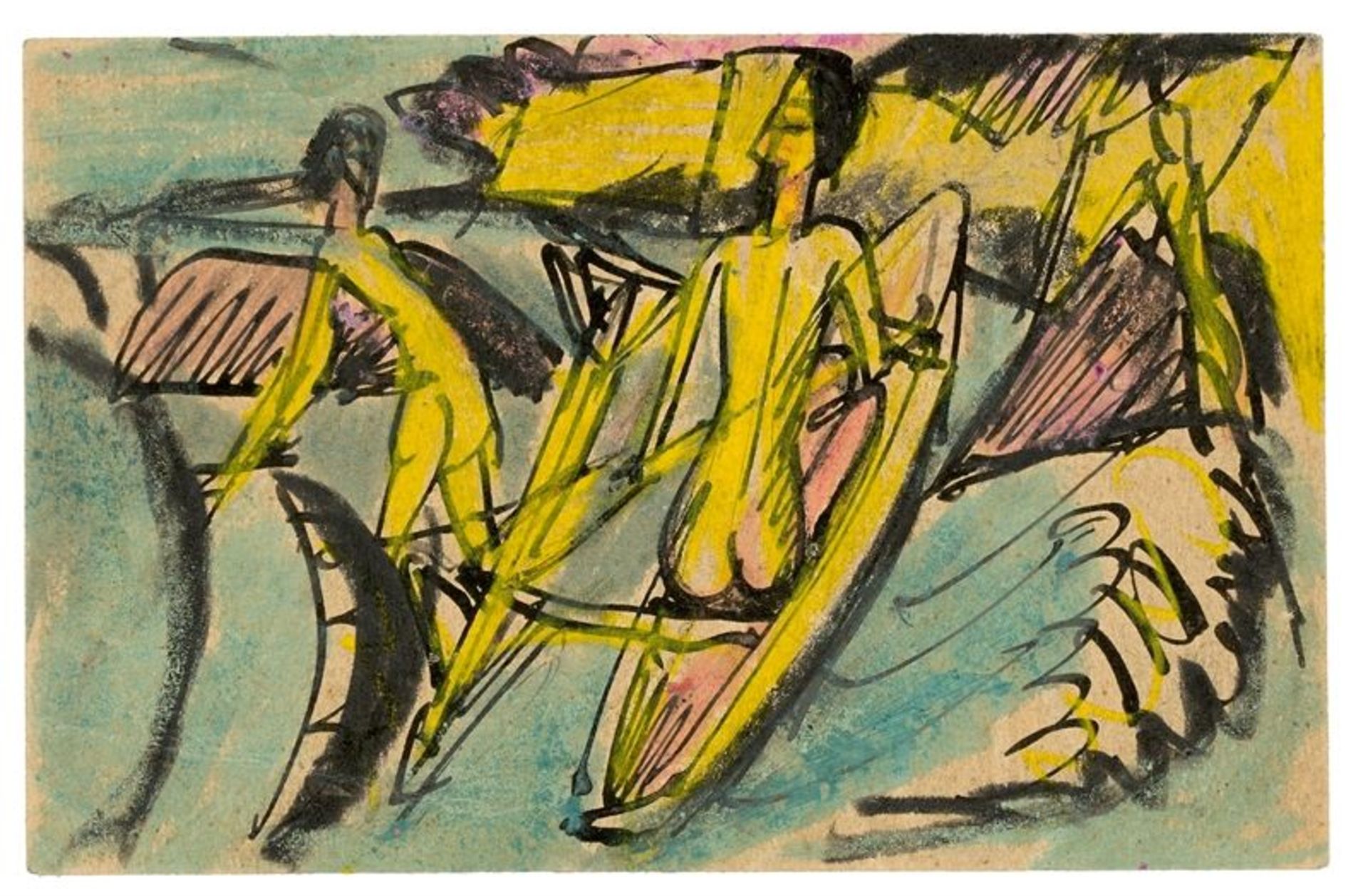 Ernst Ludwig Kirchner (Aschaffenburg 1880 – 1938 Davos)Badende mit Einbaum am Strand von Fehmarn.