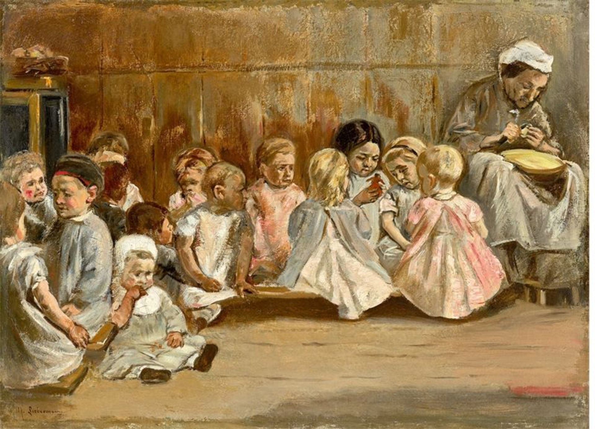 Max Liebermann (1847 – Berlin – 1935)„Kleinkinderschule“. 1875Öl auf Leinwand. Doubliert. 59,5 ×