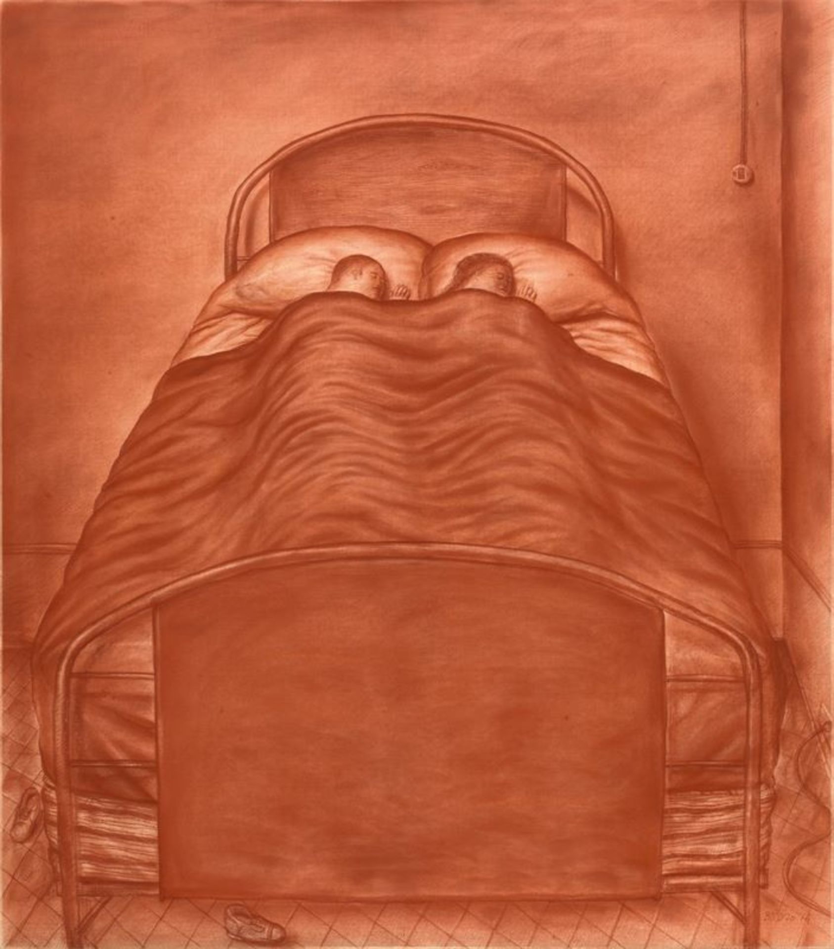 Fernando Botero (Medellín 1932 – lebt in Paris u. Pietrasanta)The Bed. 1974Rötel auf Leinwand,